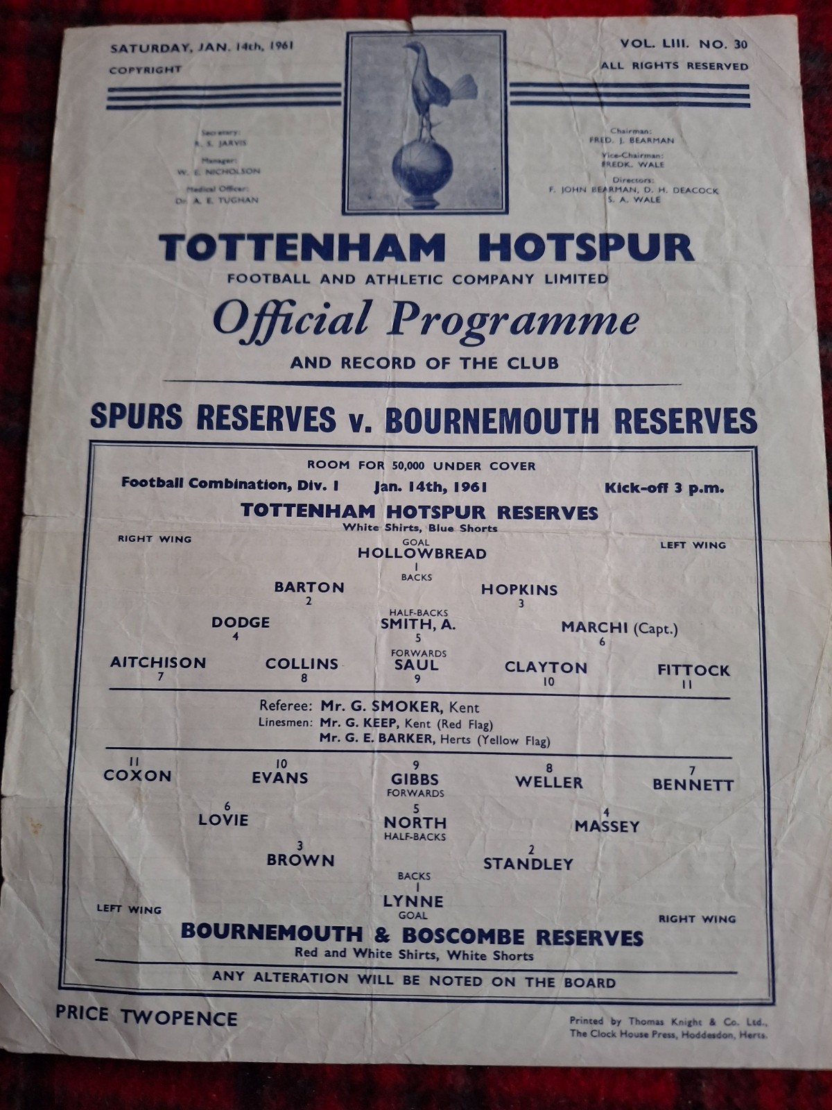 TOTTENHAM RESERVES V BOURNEMOUTH RES 1960-61 DOUBLE SEASON for sale on Ebay