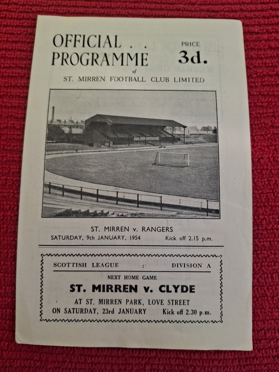 St Mirren v Rangers programme.  9/1/1954 for sale on Ebay