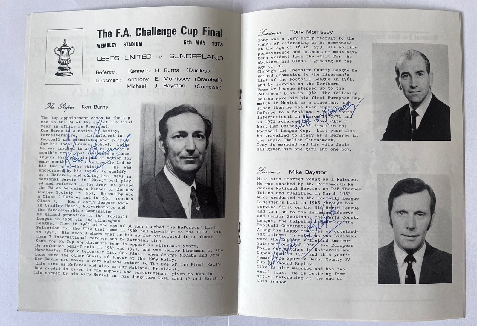 Leeds Utd v Sunderland 1973 Referees Eve Of The Final Signed By Ref & Linesmen for sale on Ebay