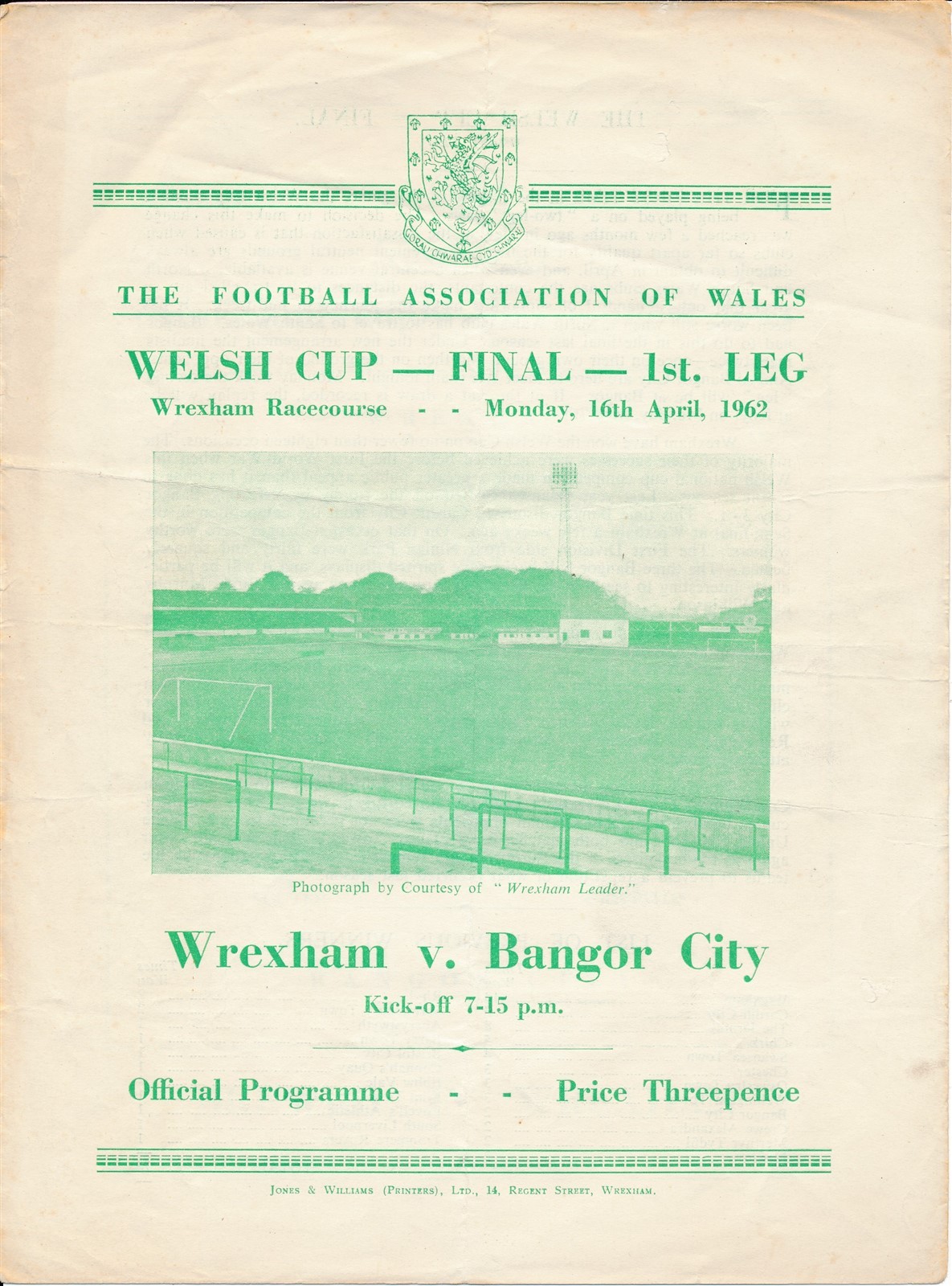 WELSH CUP FINAL 1962 Wrexham v Bangor City  for sale on Ebay