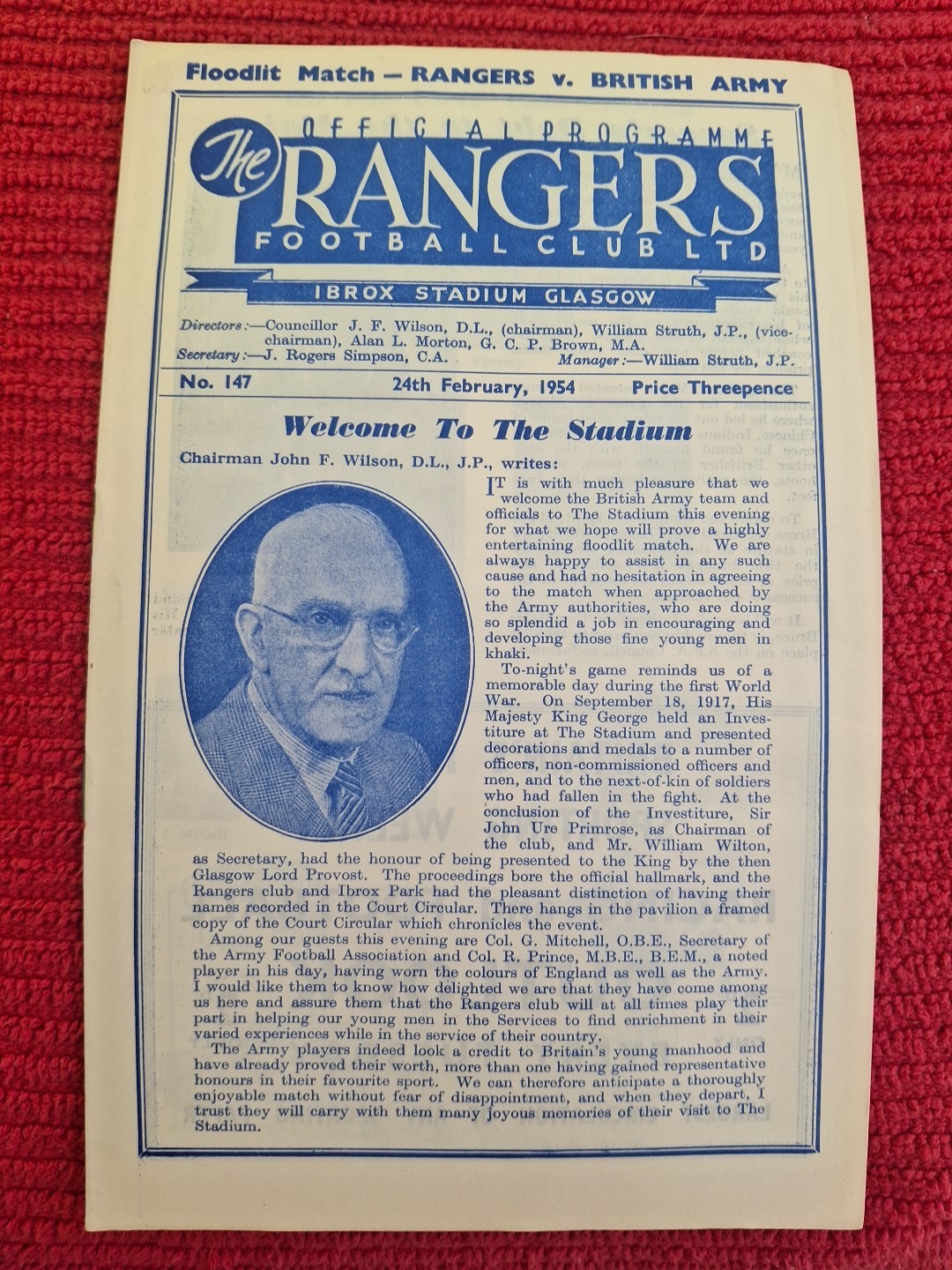 Rangers v British Army programme.  24/2/1954 for sale on Ebay