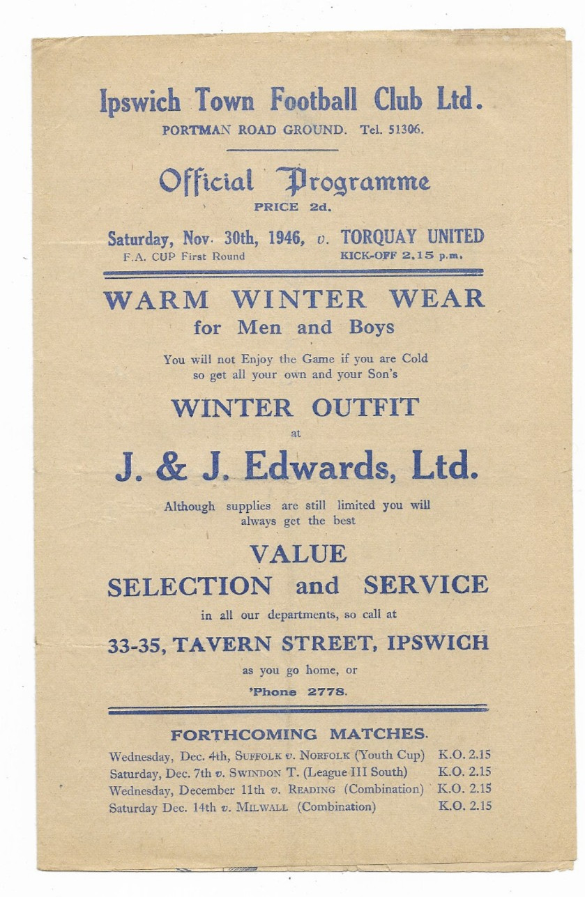 1946/47 FA Cup 1st Round - IPSWICH TOWN v. TORQUAY UNITED for sale on Ebay