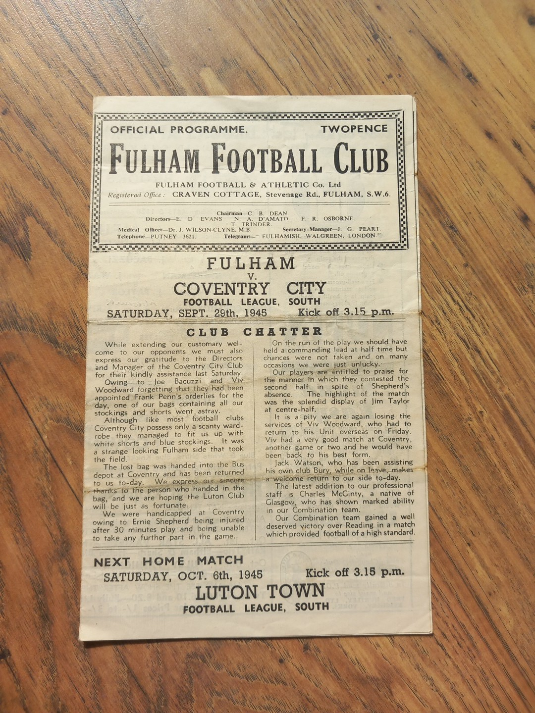 1945/46 Fulham vs Coventry City - Football League (S), First post war season for sale on Ebay