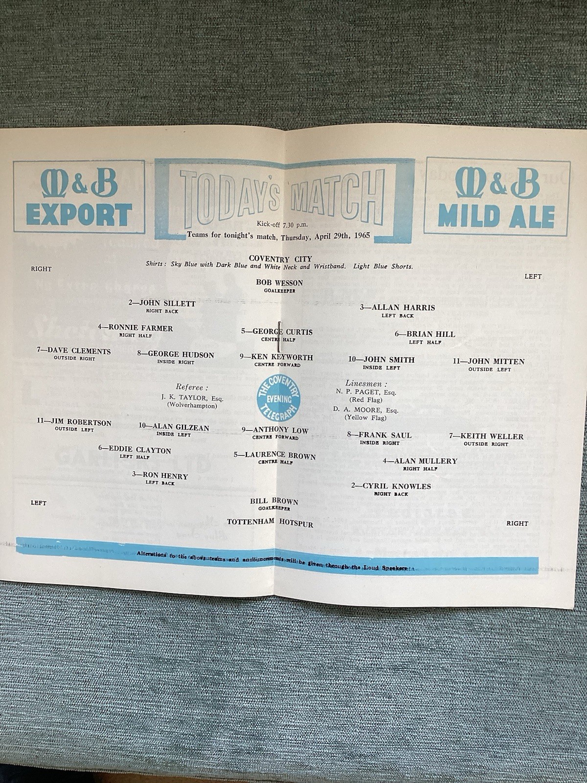 Coventry City v Tottenham (Friendly) 29/4/1965 for sale on Ebay