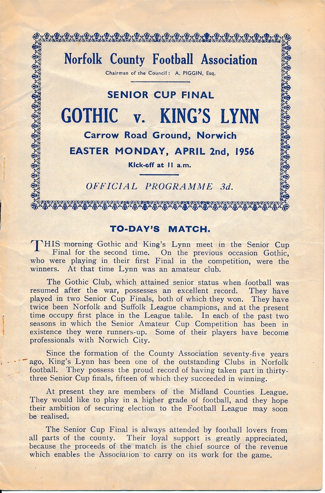 NORWICH CITY - Gothic v Kings Lynn (Norfolk Cup Final @ Carrow Road) 1956 for sale on Ebay