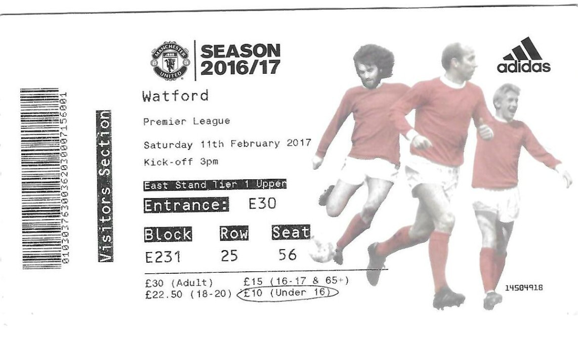 TICKET STUB - MANCHESTER UNITED V WATFORD 2016/17 PREMIER LEAGUE FEB 11TH 2017 for sale on Ebay
