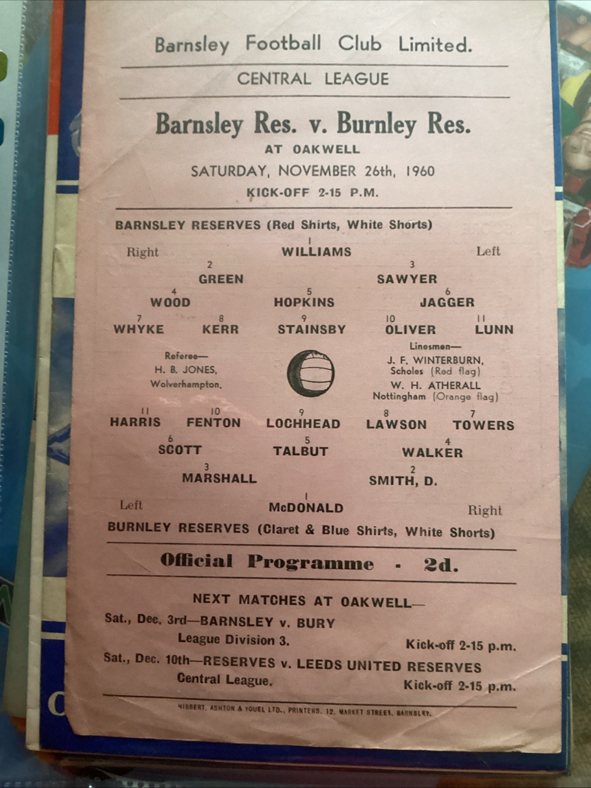 Barnsley Reserves v Burnley Reserves 1960/61 Central League for sale on Ebay
