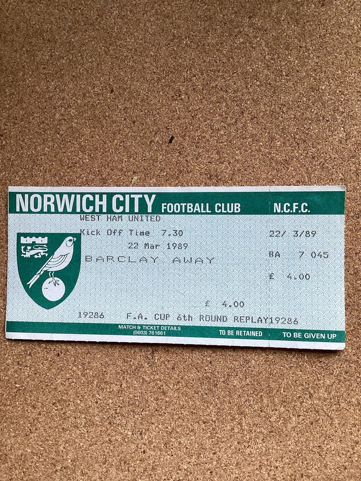 TICKET (Complete) - Norwich City v West Ham (F A Cup 6th Round Replay) 22/3/1989 for sale on Ebay
