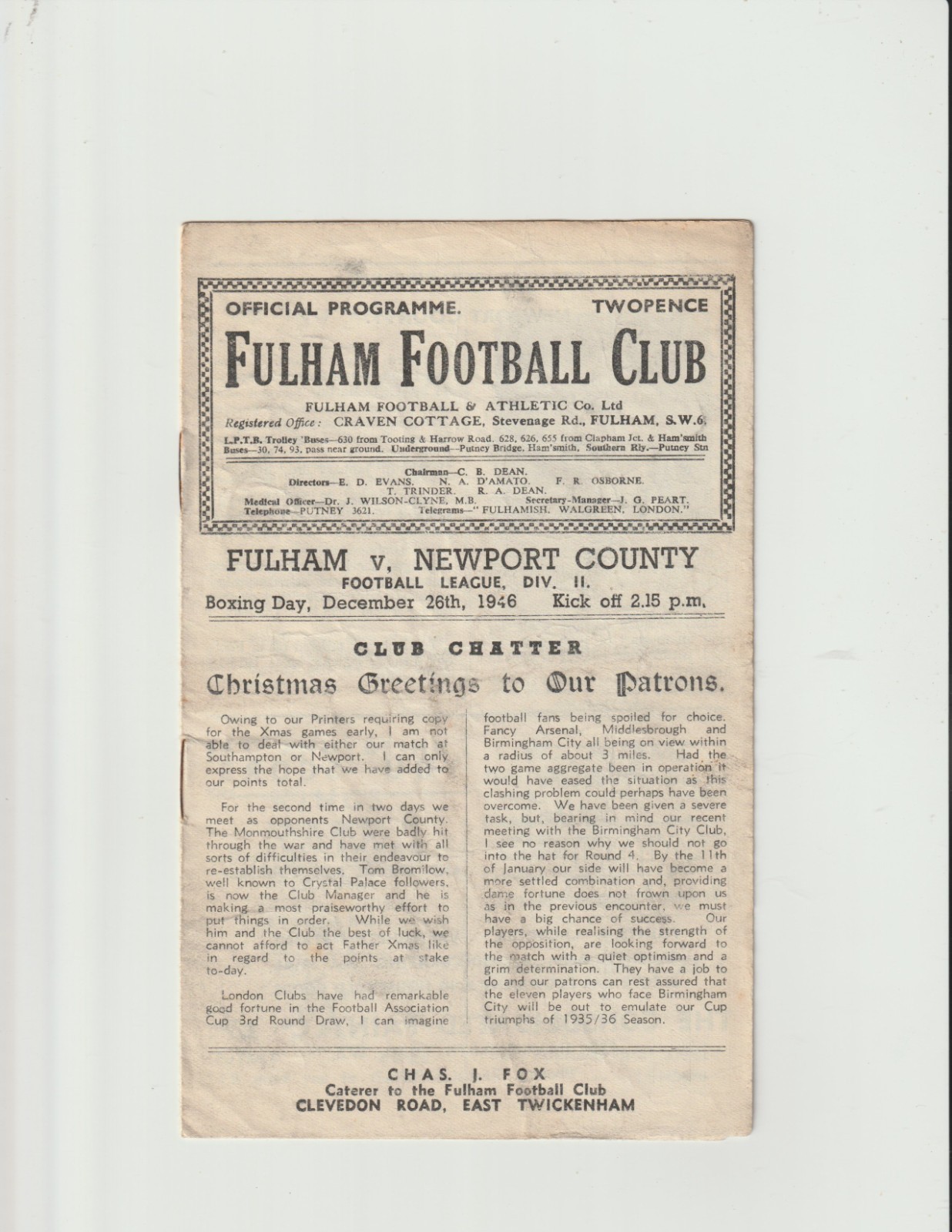 1946/47 Div.2.Fulham v Newport County. for sale on Ebay