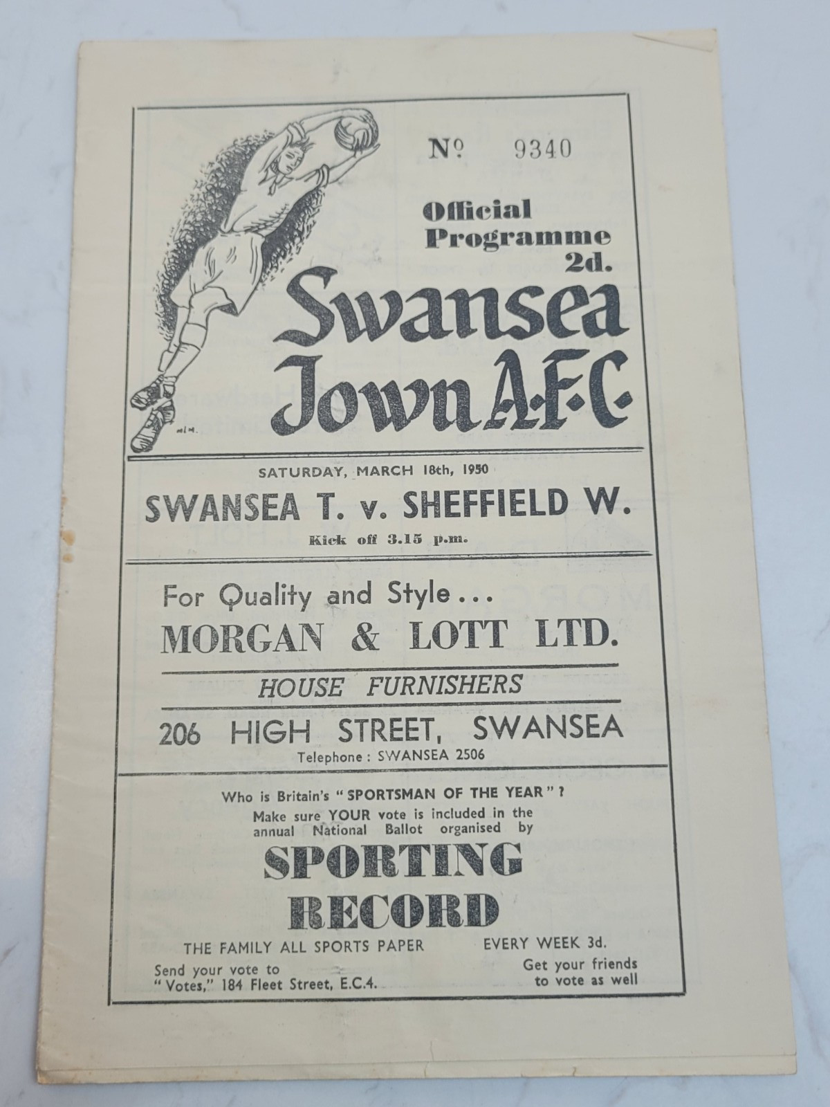 Swansea Town V Sheffield Wednesday 18.3. 1950 - Division 2 for sale on Ebay