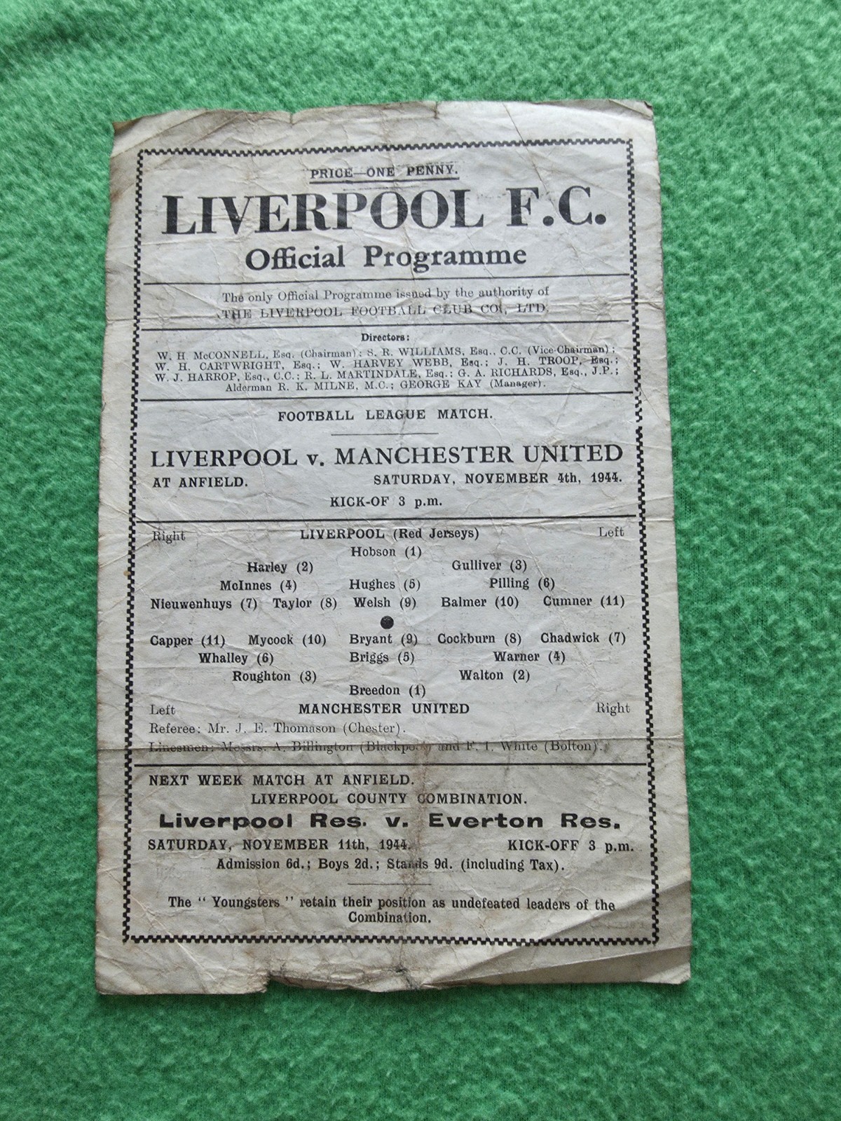 Rare Original Liverpool v Manchester United Official Programme November 4th 1944 for sale on Ebay
