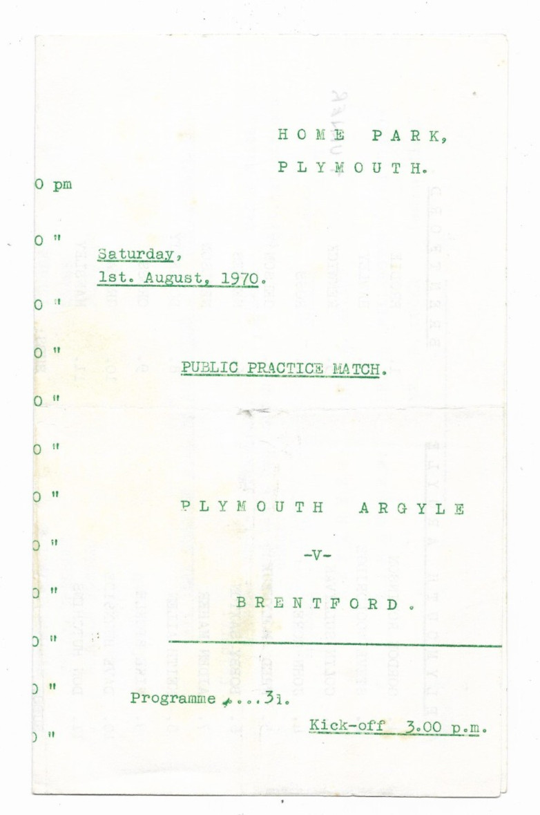 1970 Public Practice Match - PLYMOUTH ARGYLE v. BRENTFORD for sale on Ebay