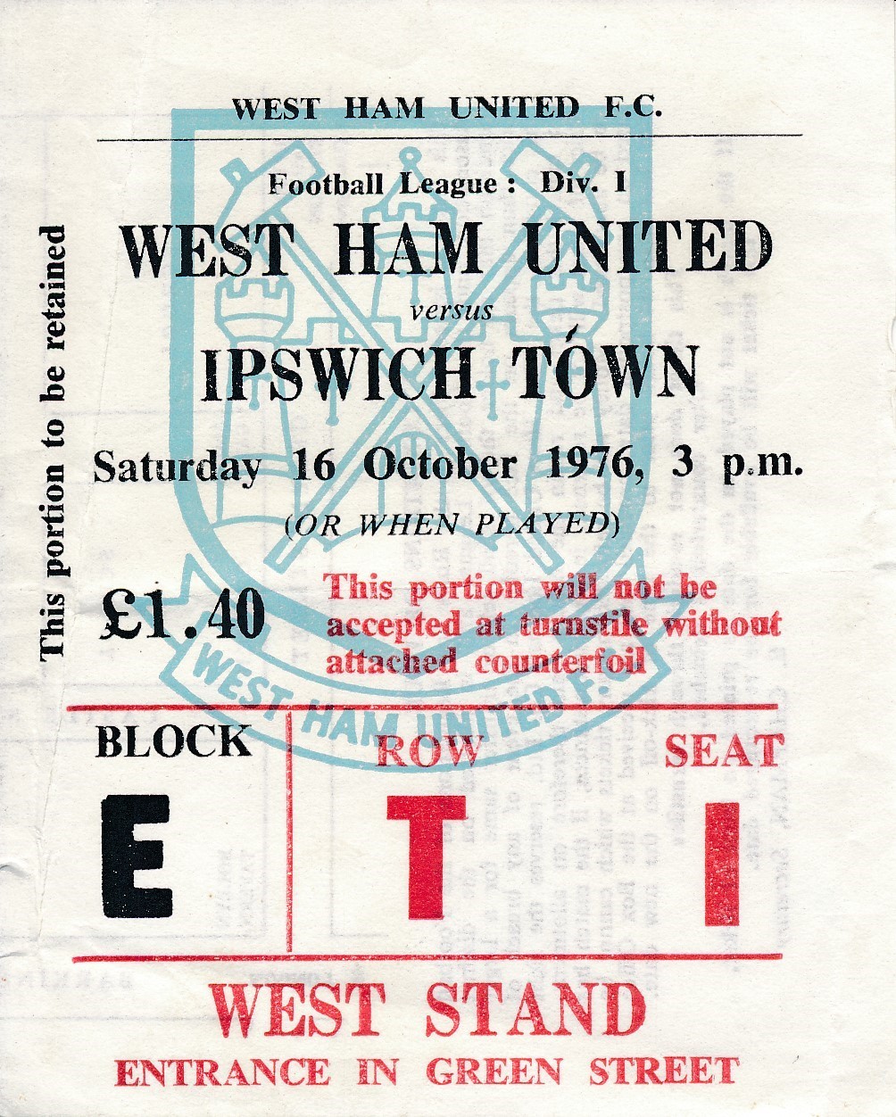 TICKET: West Ham United v Ipswich Town 1976/1977 for sale on Ebay