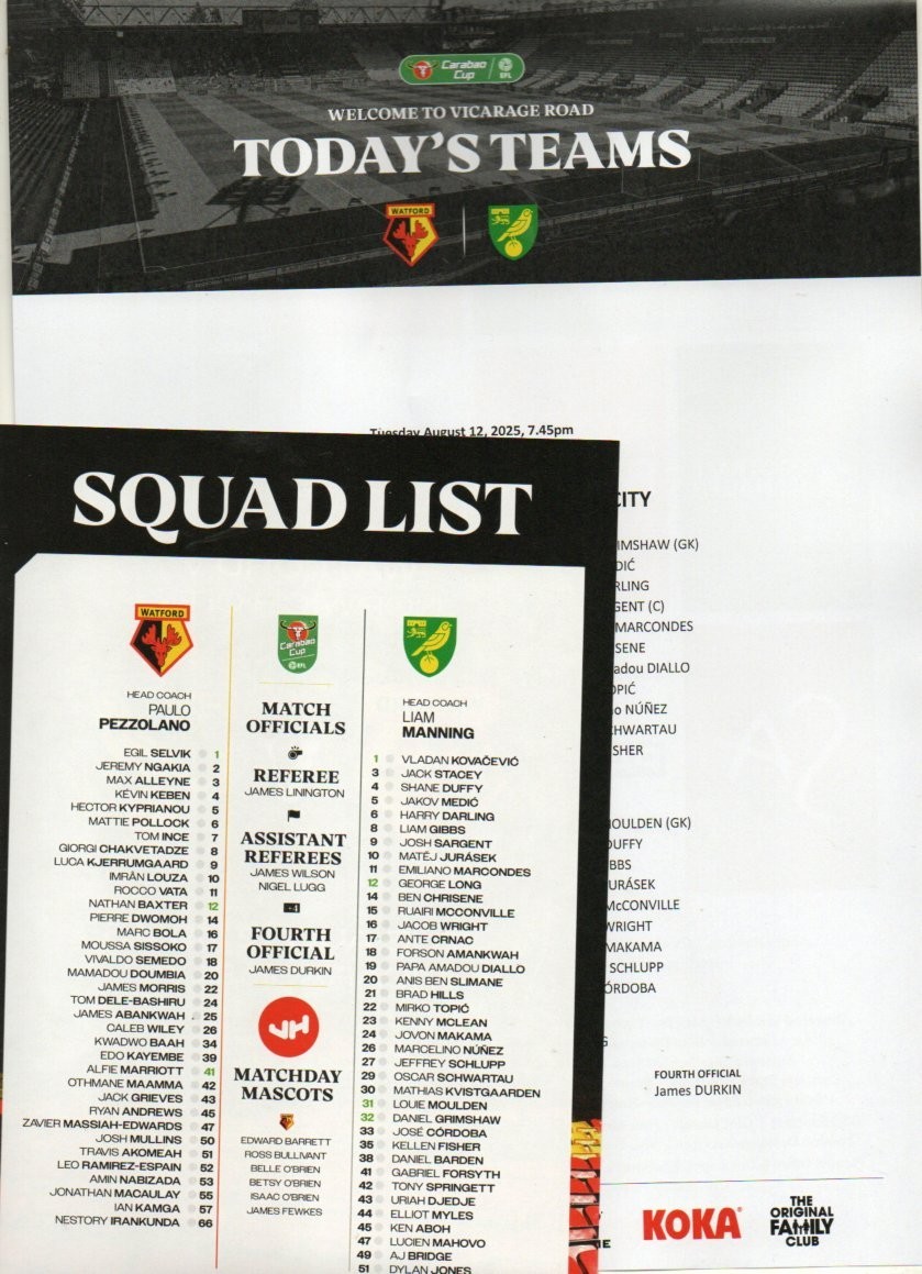 WATFORD V NORWICH CITY 25/26 LC TEAM SHEET for sale on Ebay