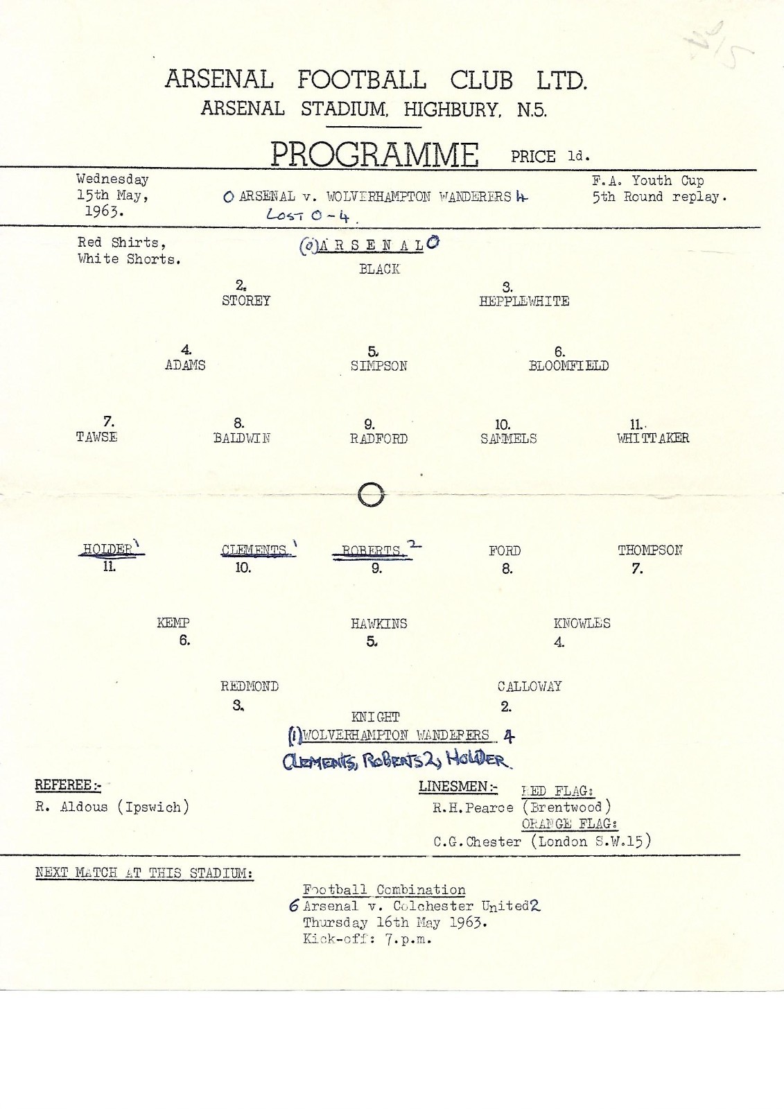 ARSENAL v WOLVES  1962/1963  FA Youth Cup 5th Round Reply for sale on Ebay