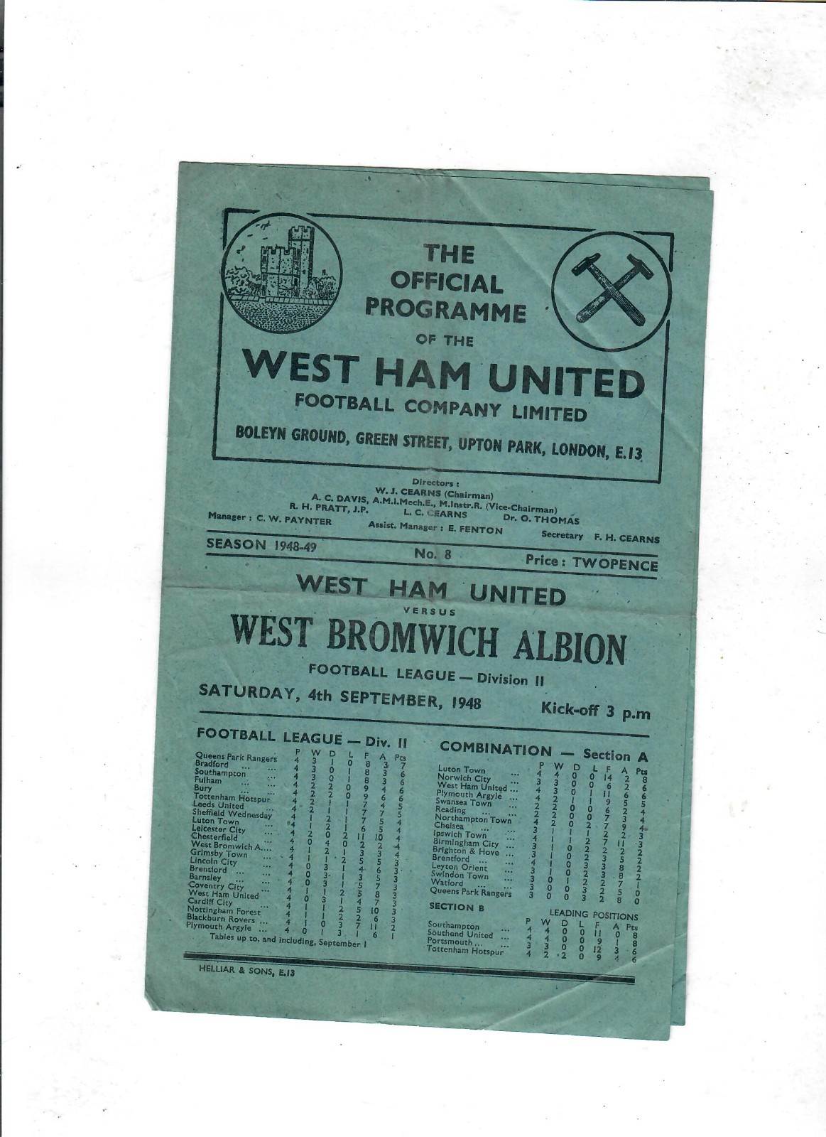West Ham United v West Bromwich Albion - 04/09/1948 for sale on Ebay