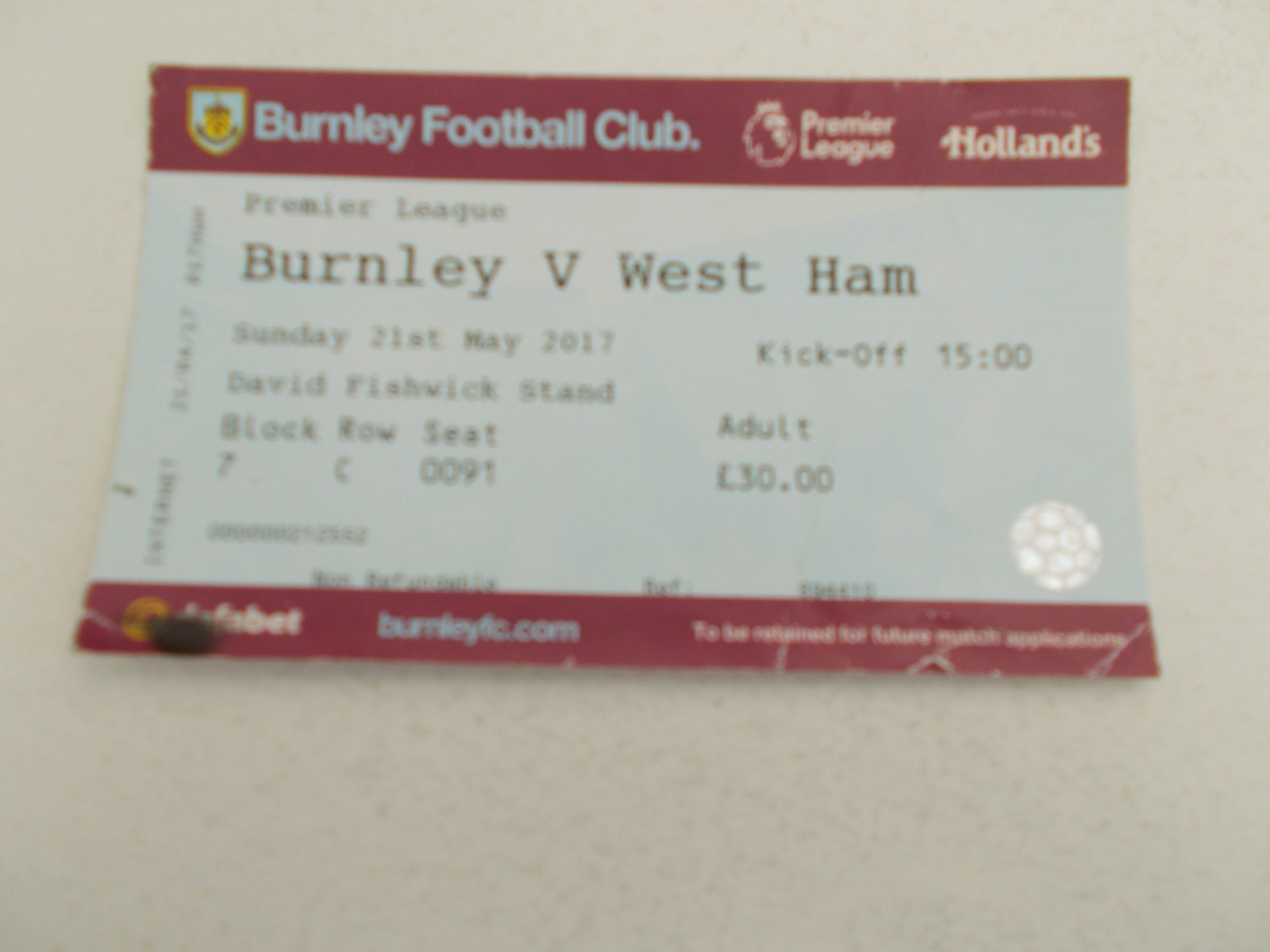 TICKET   Burnley  v  West Ham United  16/17  PREMIER LEAGUE DECLAN RICE DEBUT for sale on Ebay