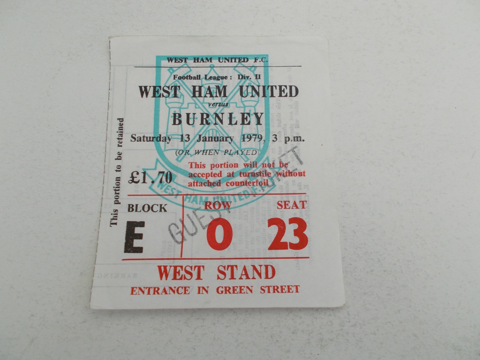TICKET   West Ham United  v  Burnley  78/79  DIVISION TWO  POSTPONED MATCH 13/1 for sale on Ebay