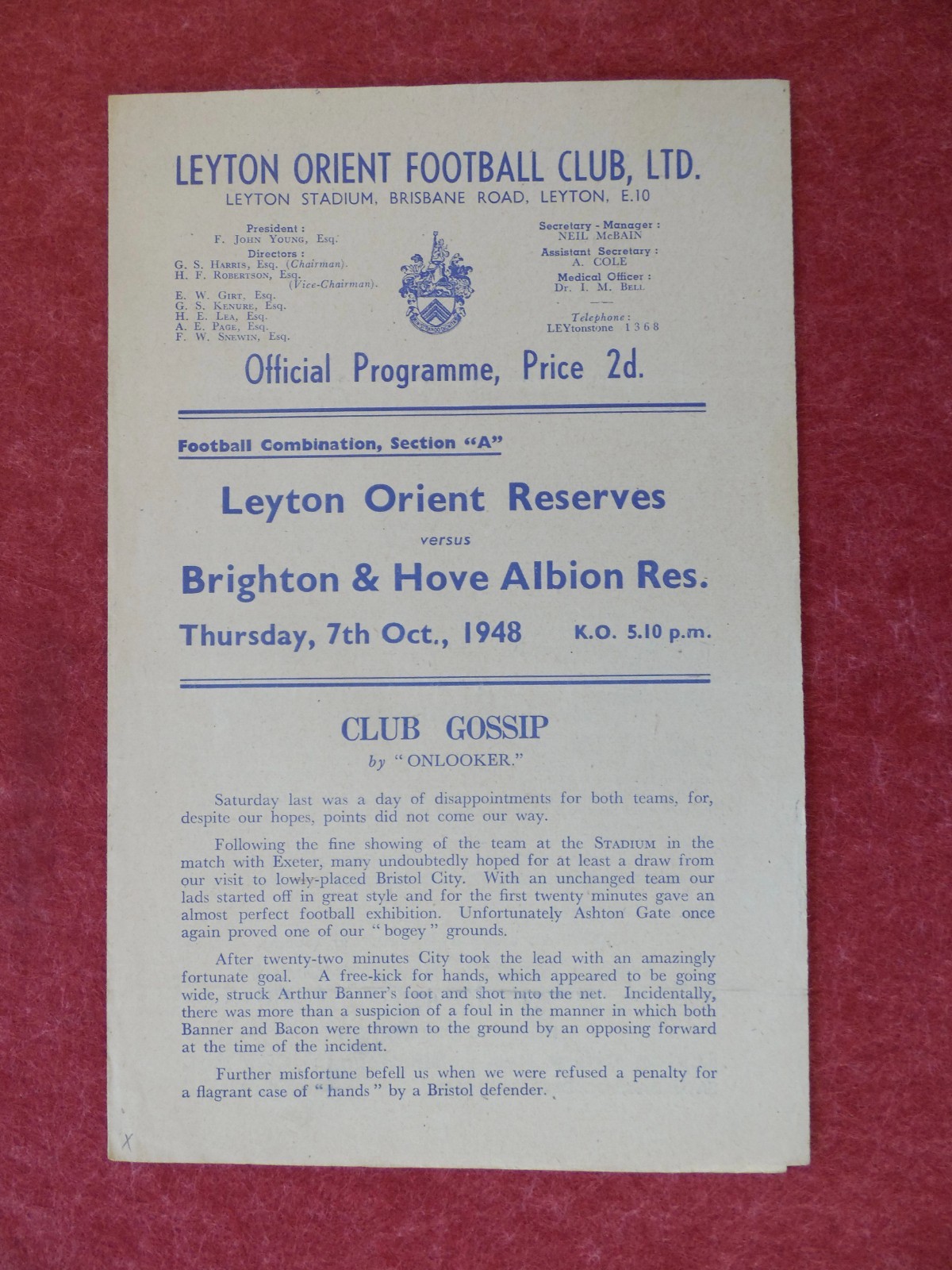 LEYTON ORIENT v BRIGHTON & HA | 1948/1949 | RESERVES | 7 OCT 1948 | UK FREEPOST for sale on Ebay