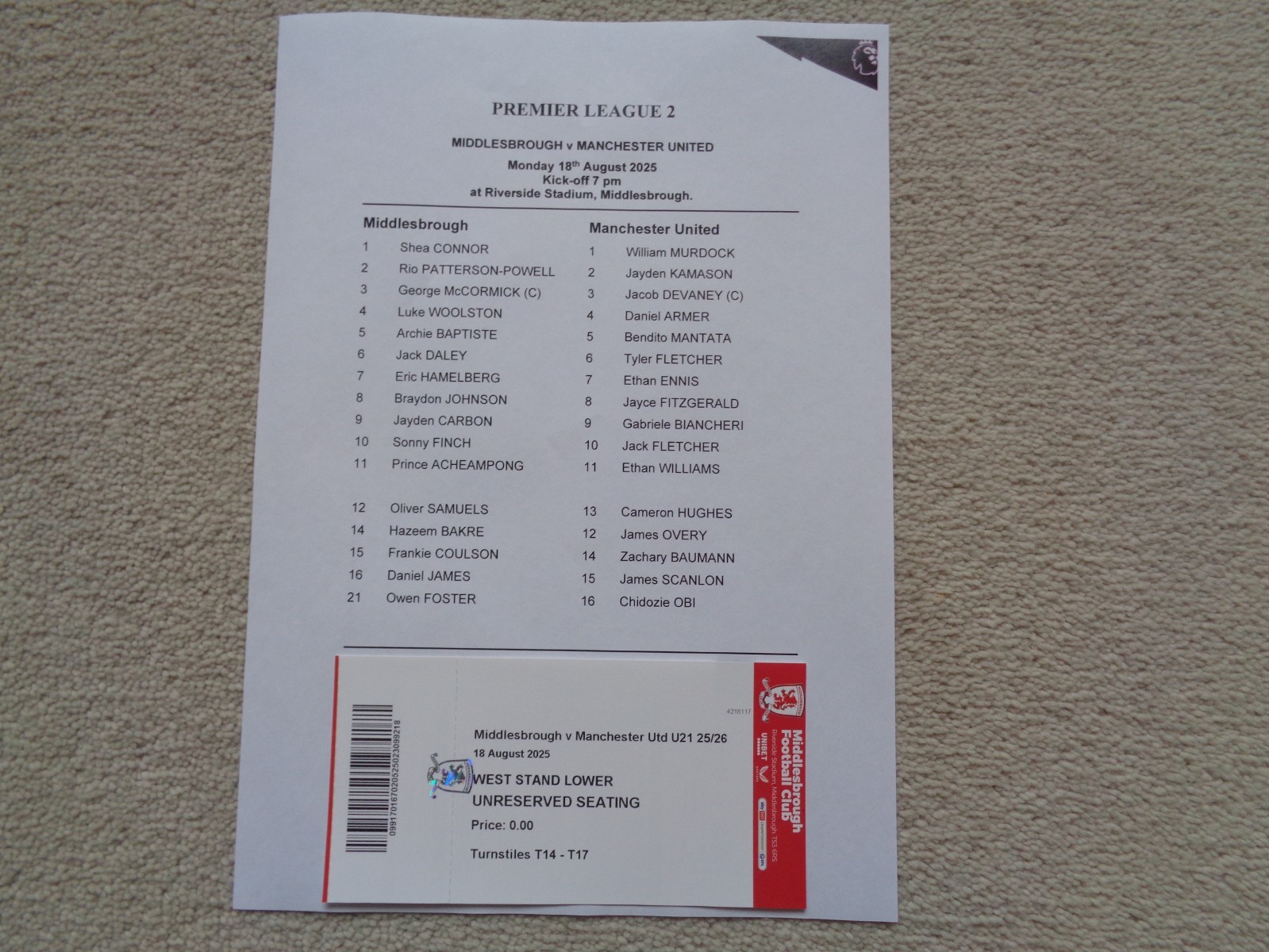 MIDDLESBROUGH U21 v MANCHESTER UNITED U21 TEAMSHEET & TICKET UK POST FREE for sale on Ebay
