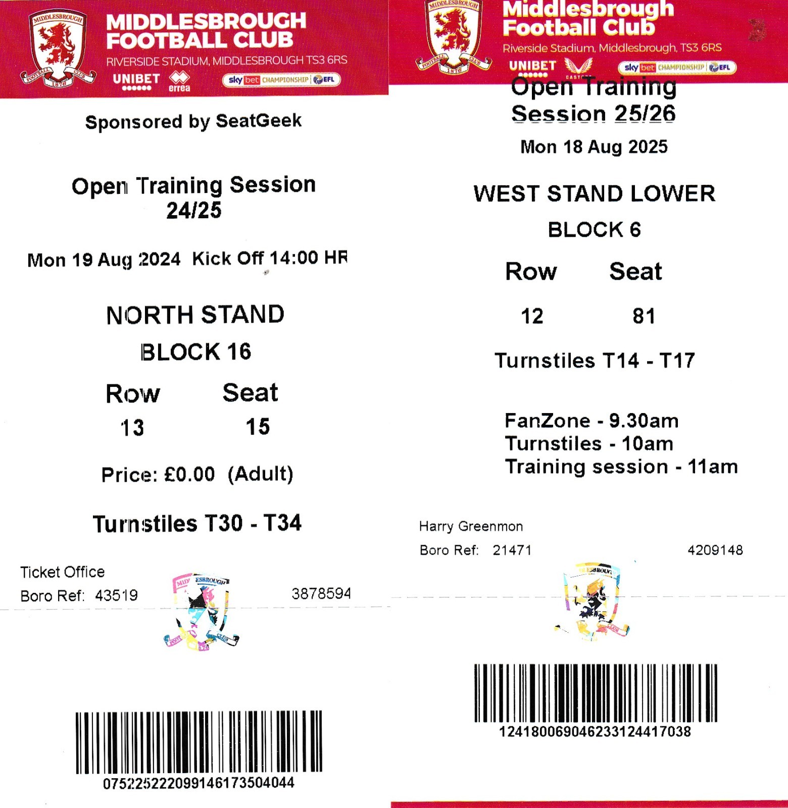 MIDDLESBROUGH OPEN TRAINING SESSIONS 2024 AND 2025 TICKETS UK POST FREE for sale on Ebay