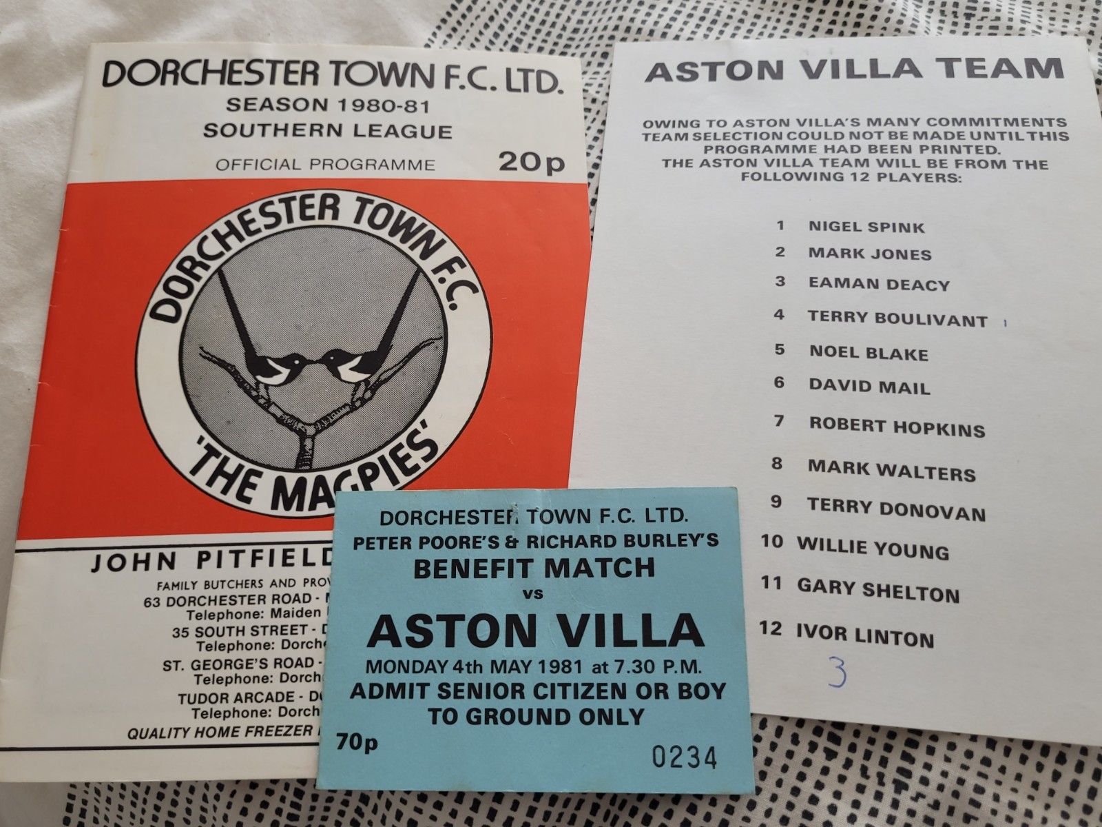 Dorchester Town V Aston Villa 4.5. 1981 + Ticket Stub Poore / Burley Benefit for sale on Ebay