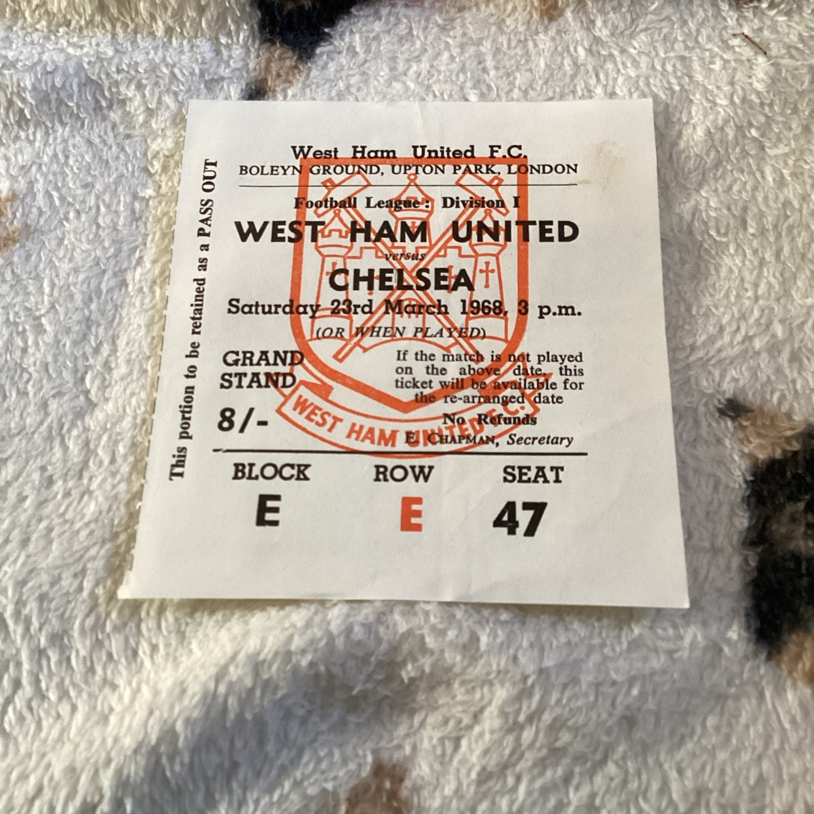 1967/8 West Ham v Chelsea Match ticket. for sale on Ebay