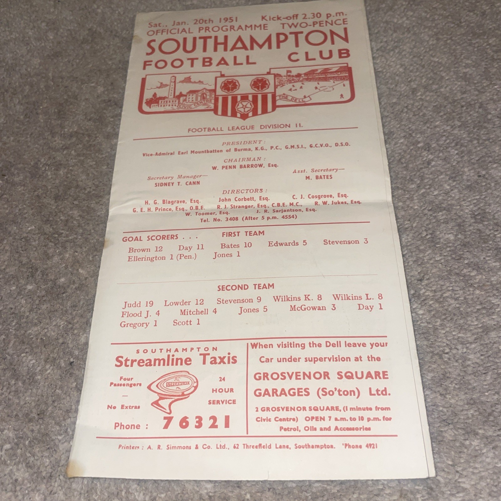 Southampton v West Ham United 1951 January 20th Football League Division 2 for sale on Ebay