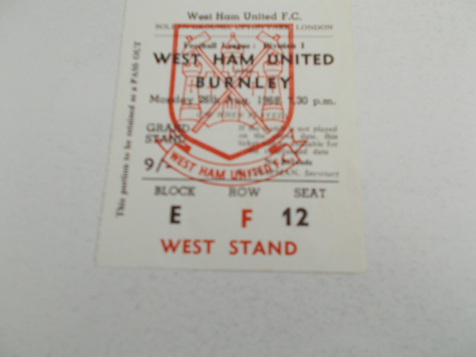 TICKET   West Ham United  v  Burnley  68/69   DIVISION ONE for sale on Ebay