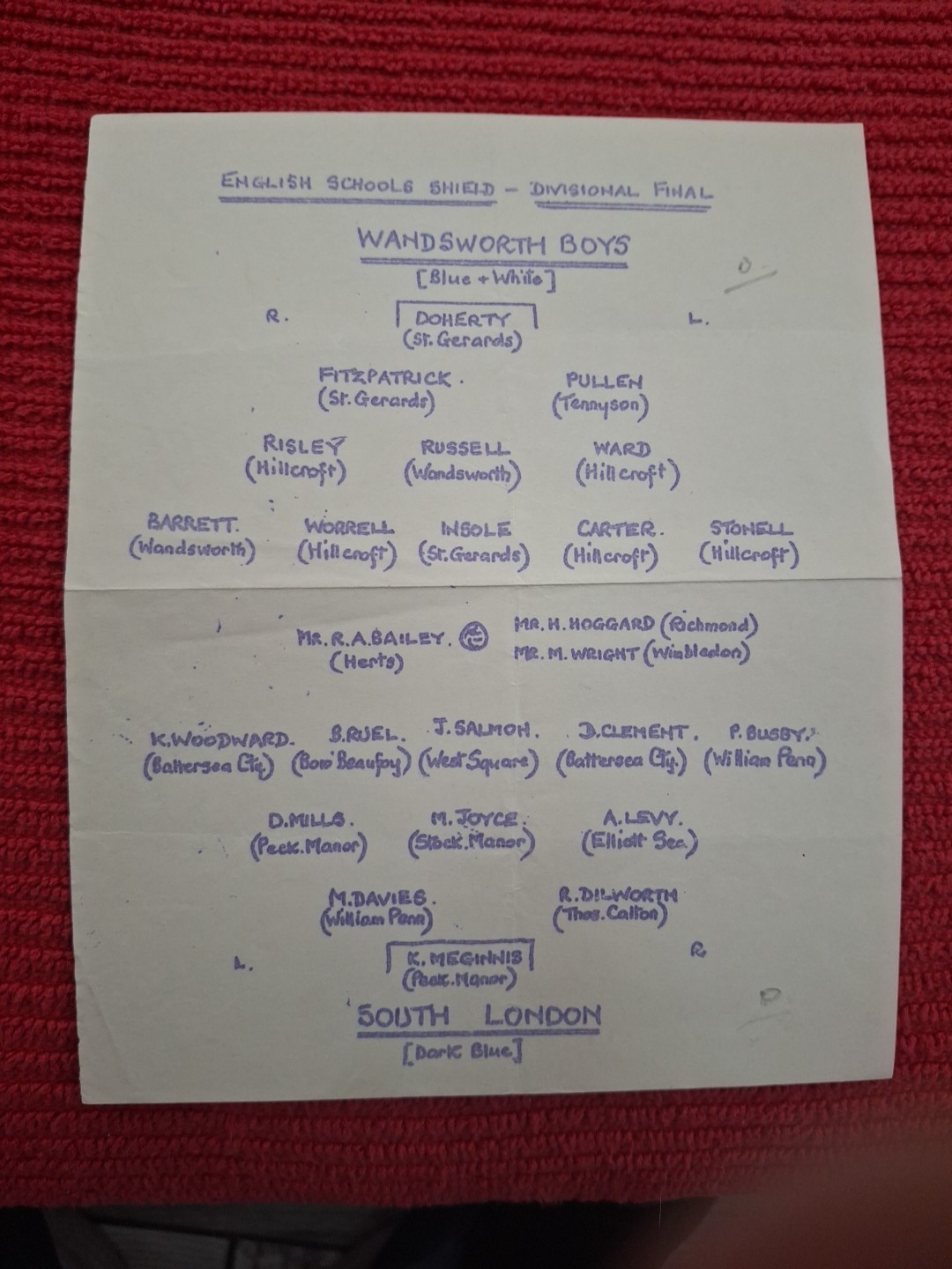 Wandsworth Boys v South London Boys programme.  No Date for sale on Ebay
