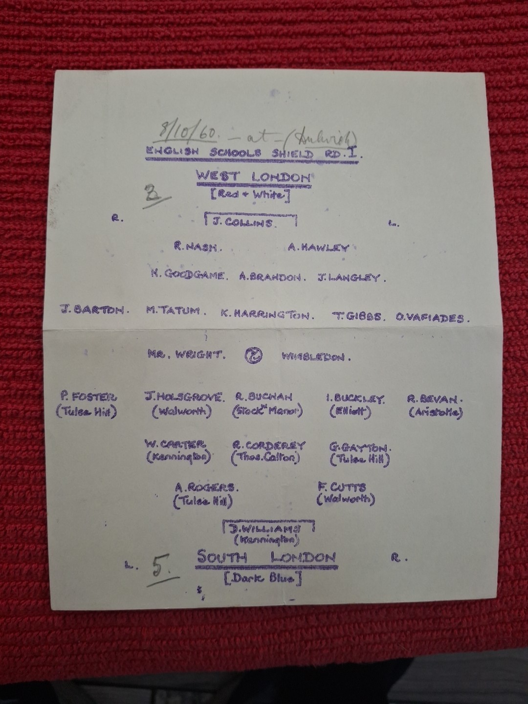 West London v South London Boys programme.  8/10/1960  @ Dulwich for sale on Ebay