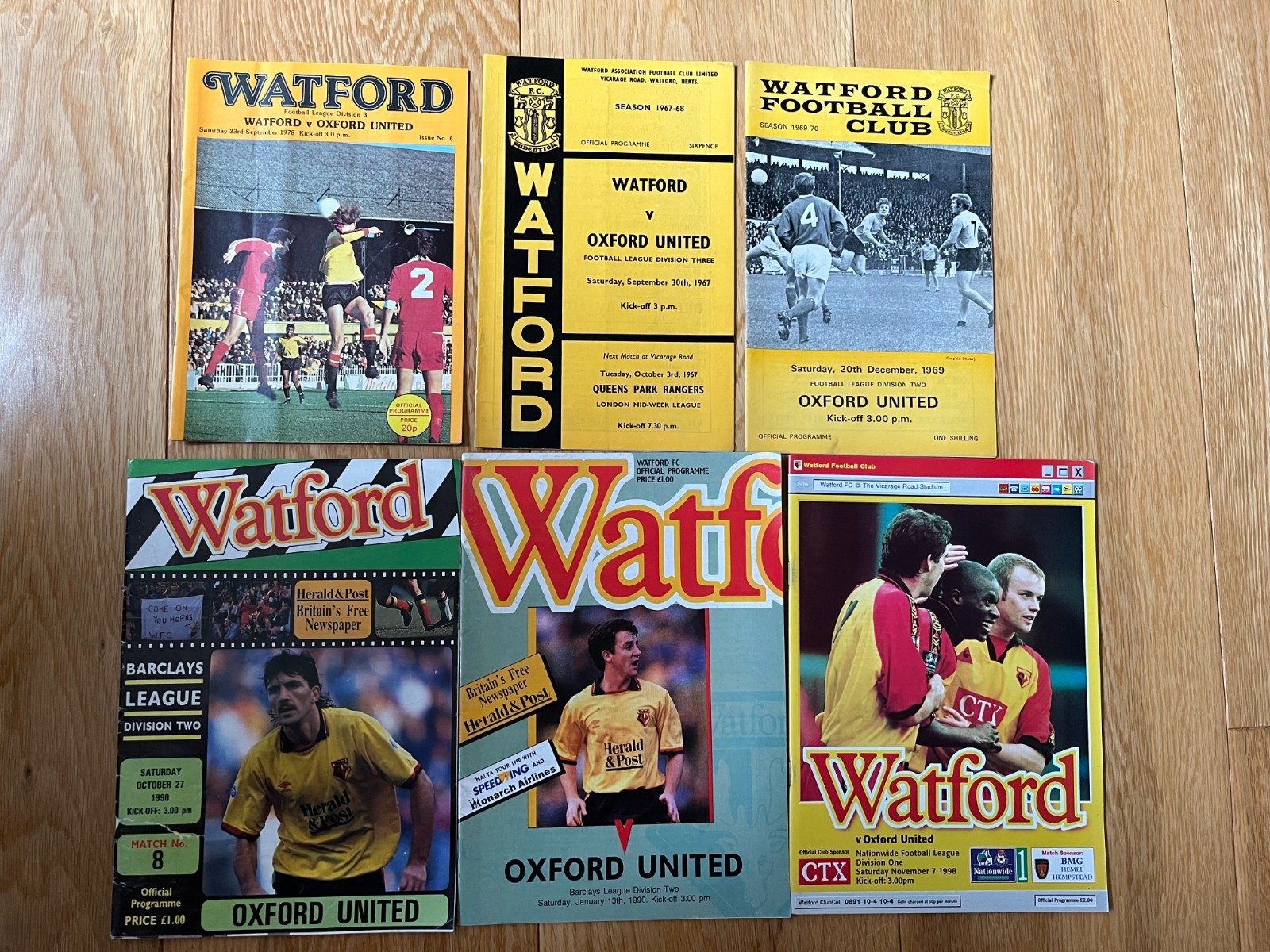 6 Oxford United AWAY programmes (all away at Watford) for sale on Ebay