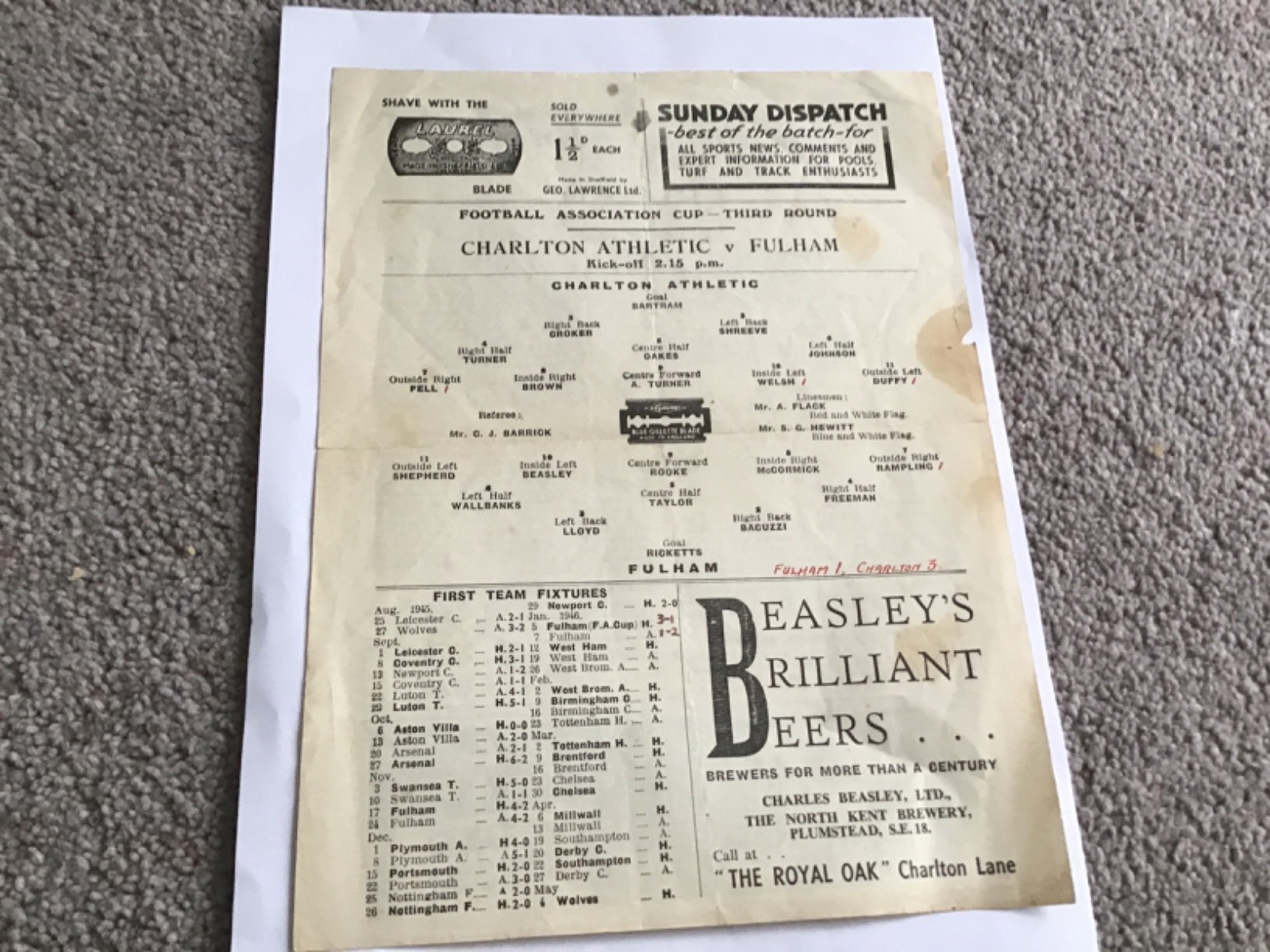Charlton Athletic v Fulham FA Cup Football Programme 5/1/1946. for sale on Ebay