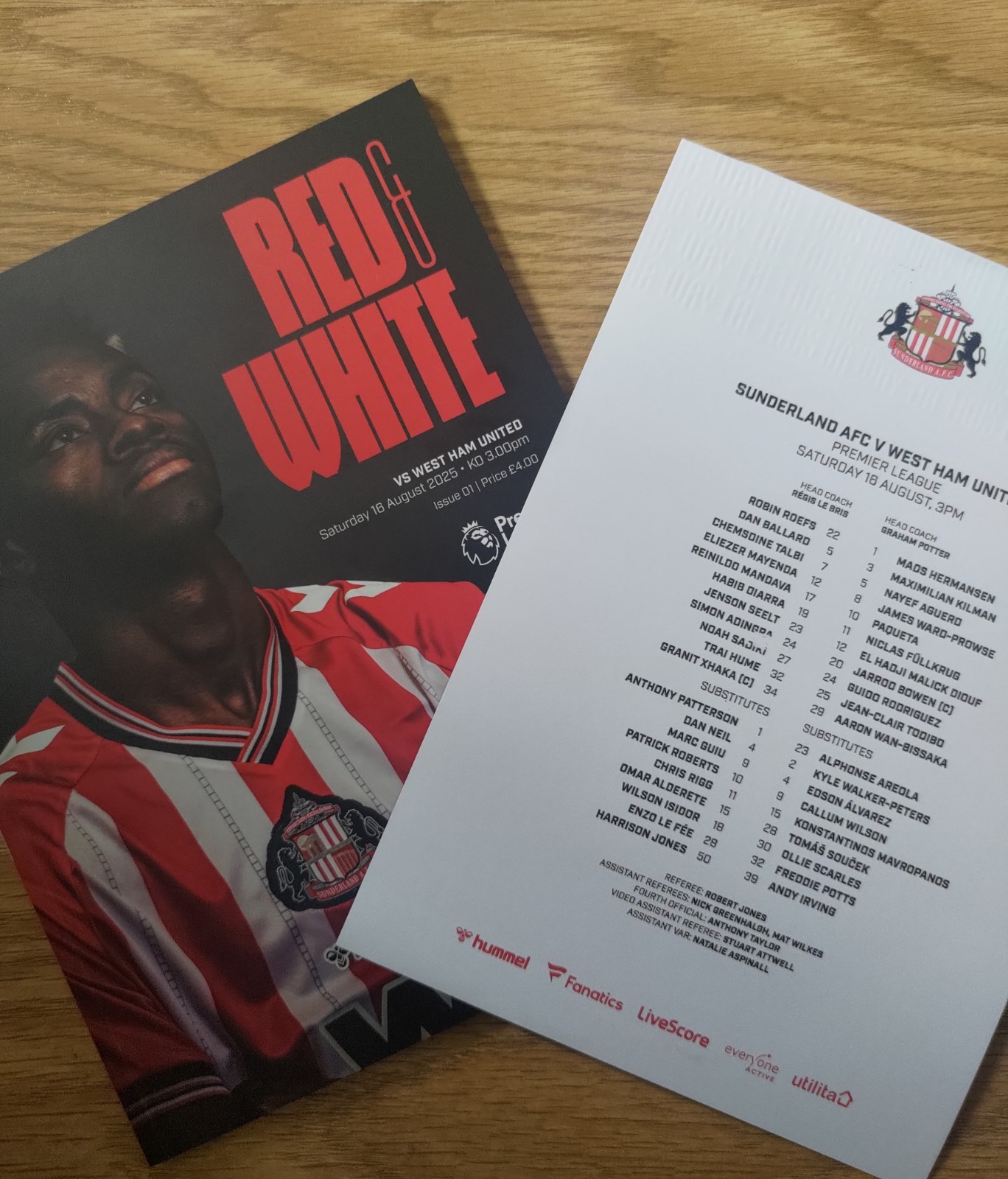 SUNDERLAND v WEST HAM (16th August 2025)  2025/2026.  With Team Sheet.  for sale on Ebay