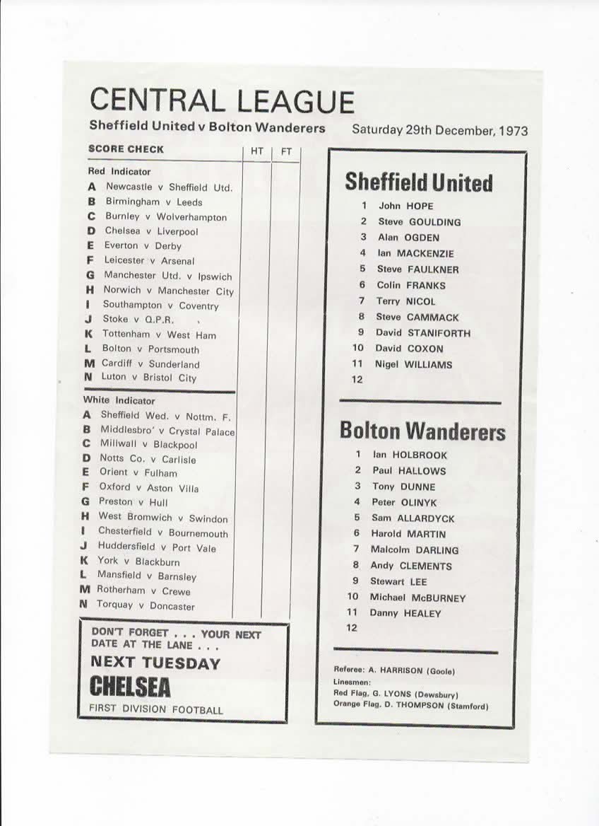 Sheffield United Reserves v Bolton Wanderers Reserves 1973/1974 for sale on Ebay