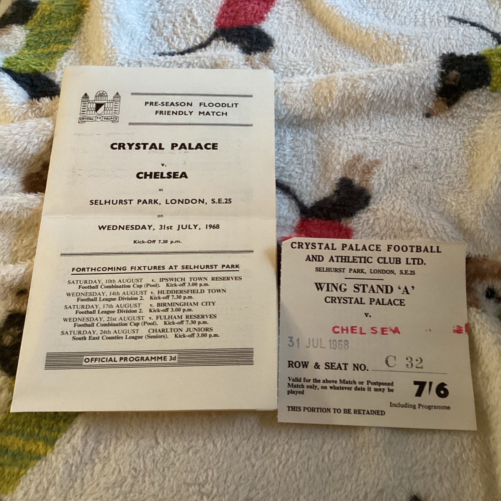 1968/9 Crystal Palace v Chelsea friendly plus Match ticket. for sale on Ebay
