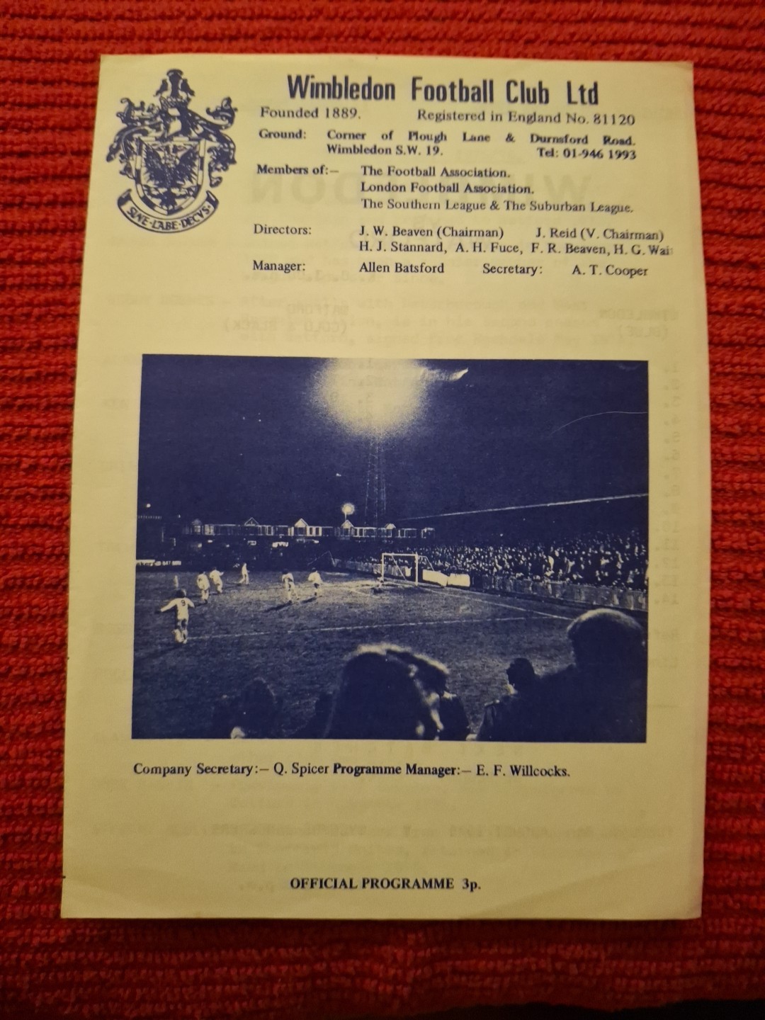 Wimbledon v Watford friendly programme.  2/8/1975 for sale on Ebay