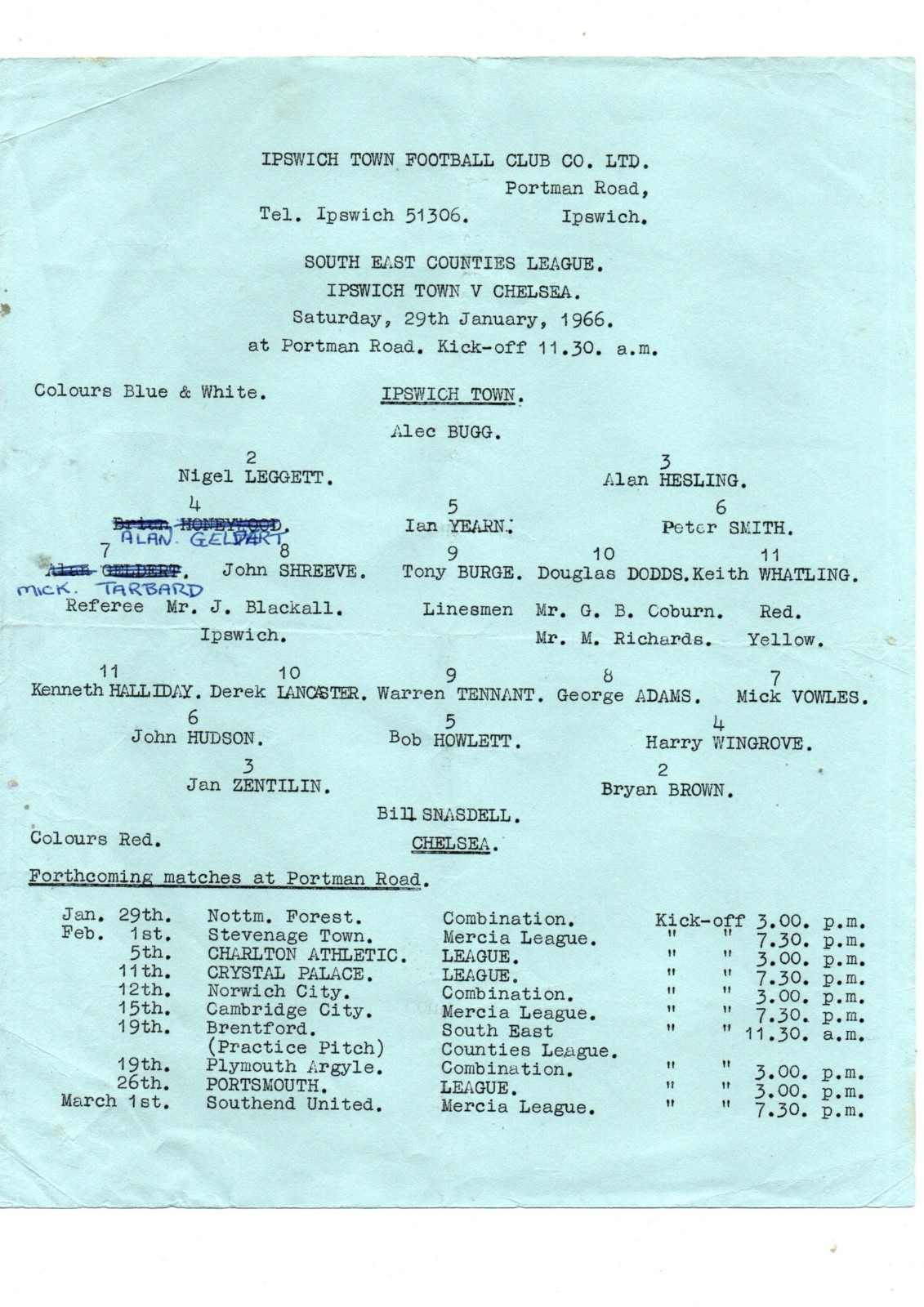 Ipswich Town v Chelsea 1965 - 1966 South East Counties Youth League for sale on Ebay