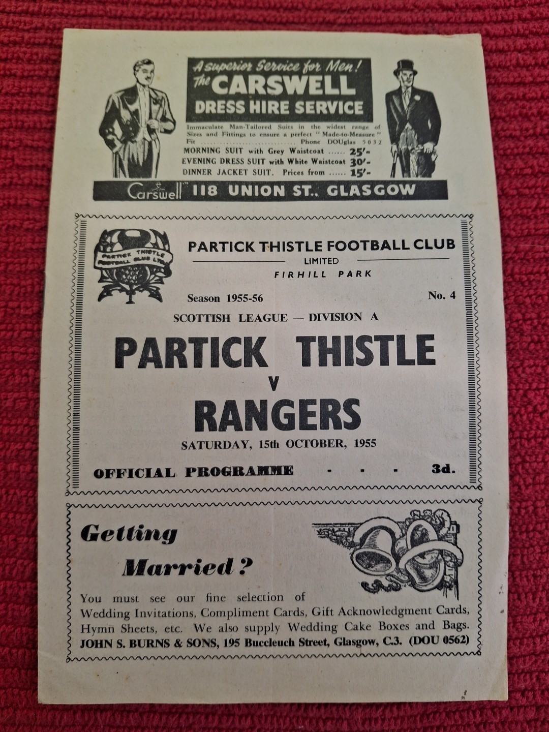 Partick Thistle v Rangers programme.  15/10/1955 for sale on Ebay