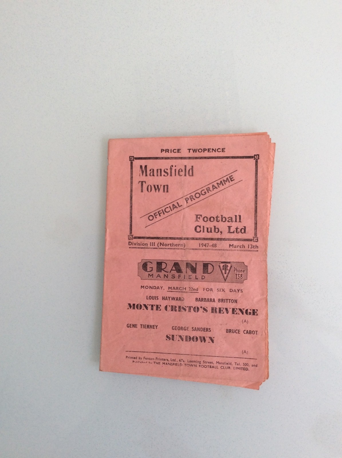 MANSFIELD TOWN V NEW BRIGHTON 13.03.1948 LEAGUE GAME for sale on Ebay