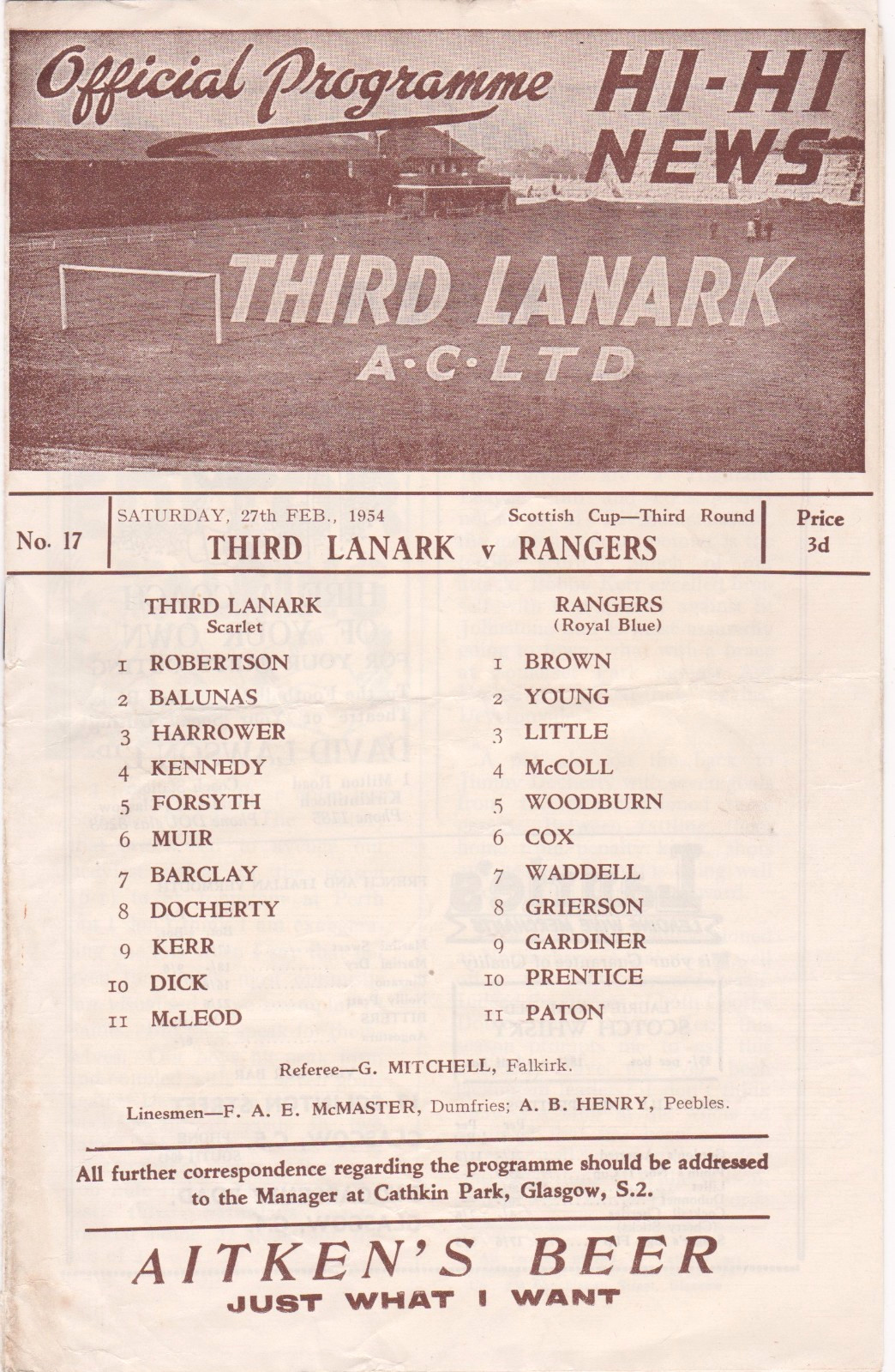 SCOTTISH CUP FOOTBALL PROGRAMME THIRD LANARK V GLASGOW RANGERS 1953-1954 for sale on Ebay