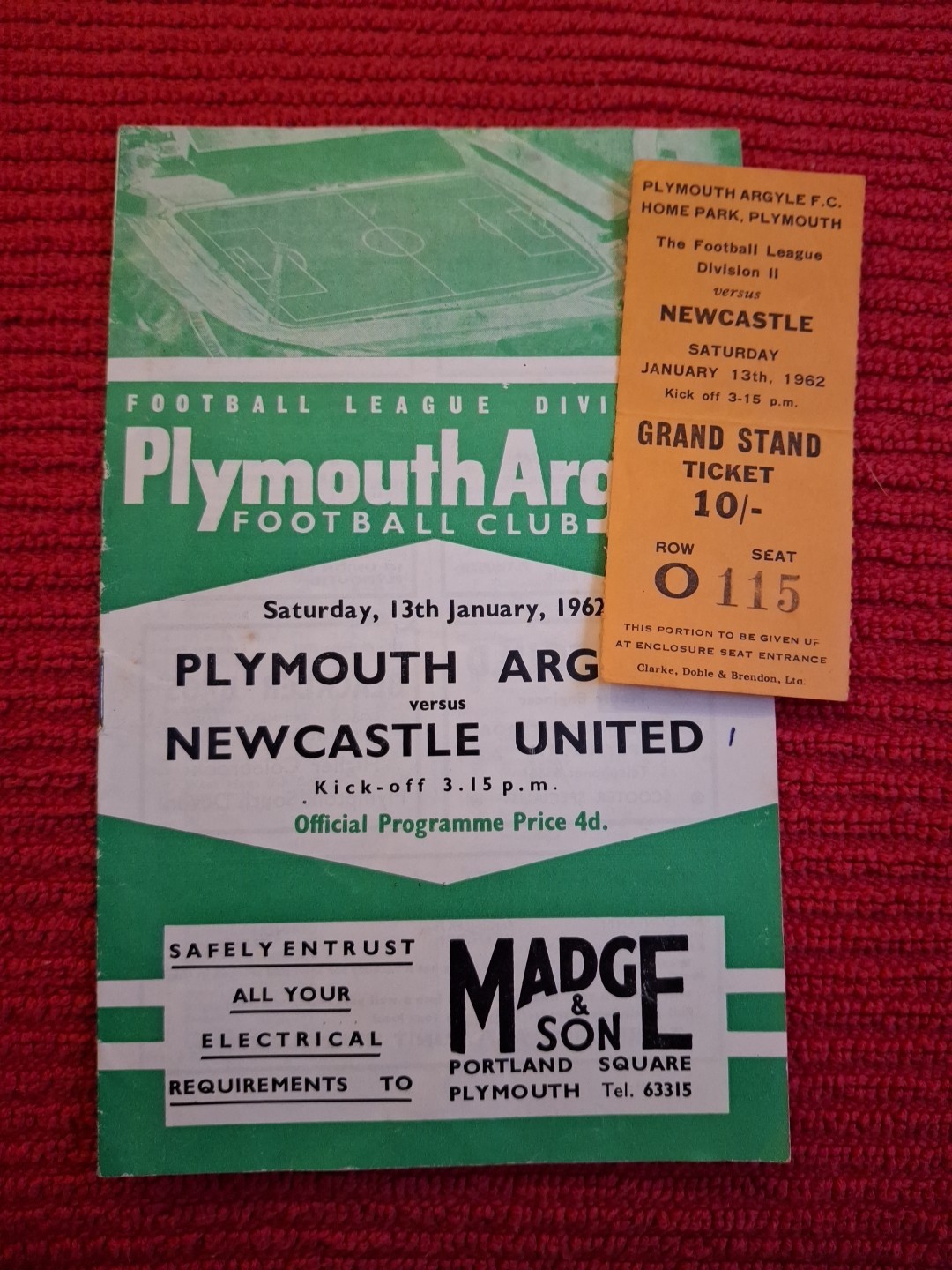 Plymouth Argyle v Newcastle United programme & TICKET.  13/1/1962 for sale on Ebay
