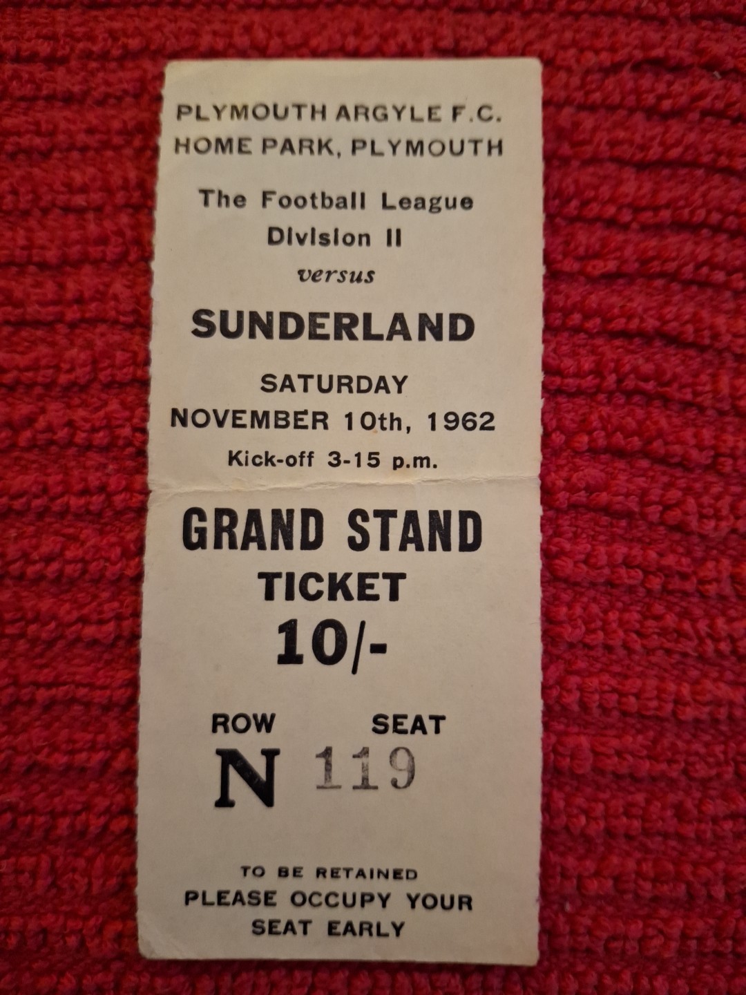 Plymouth Argyle v Sunderland TICKET.  10/11/1962 for sale on Ebay