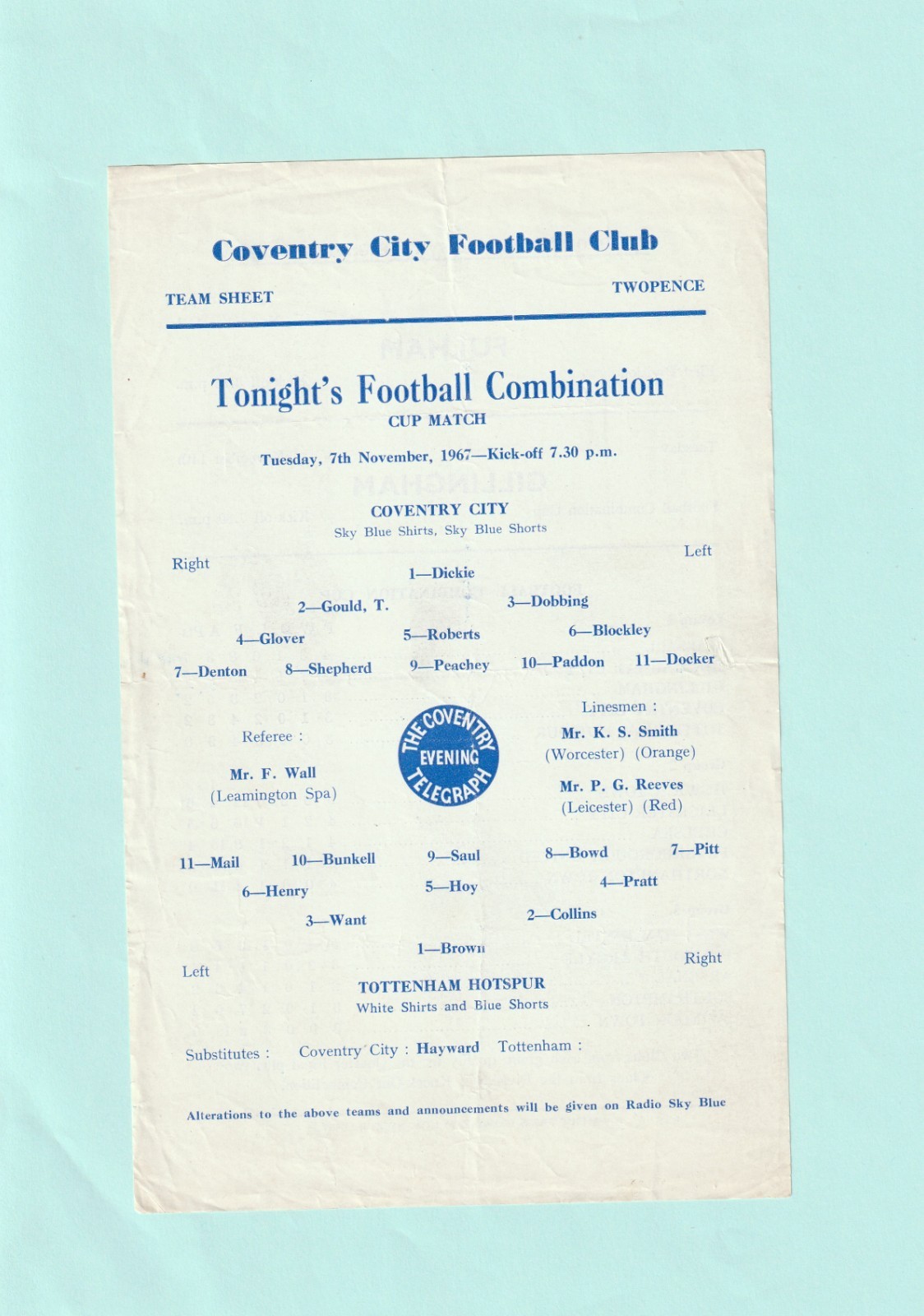 1967-1968 FOOTBALL COMBINATION CUP : COVENTRY CITY v TOTTENHAM / SPURS RESERVES for sale on Ebay