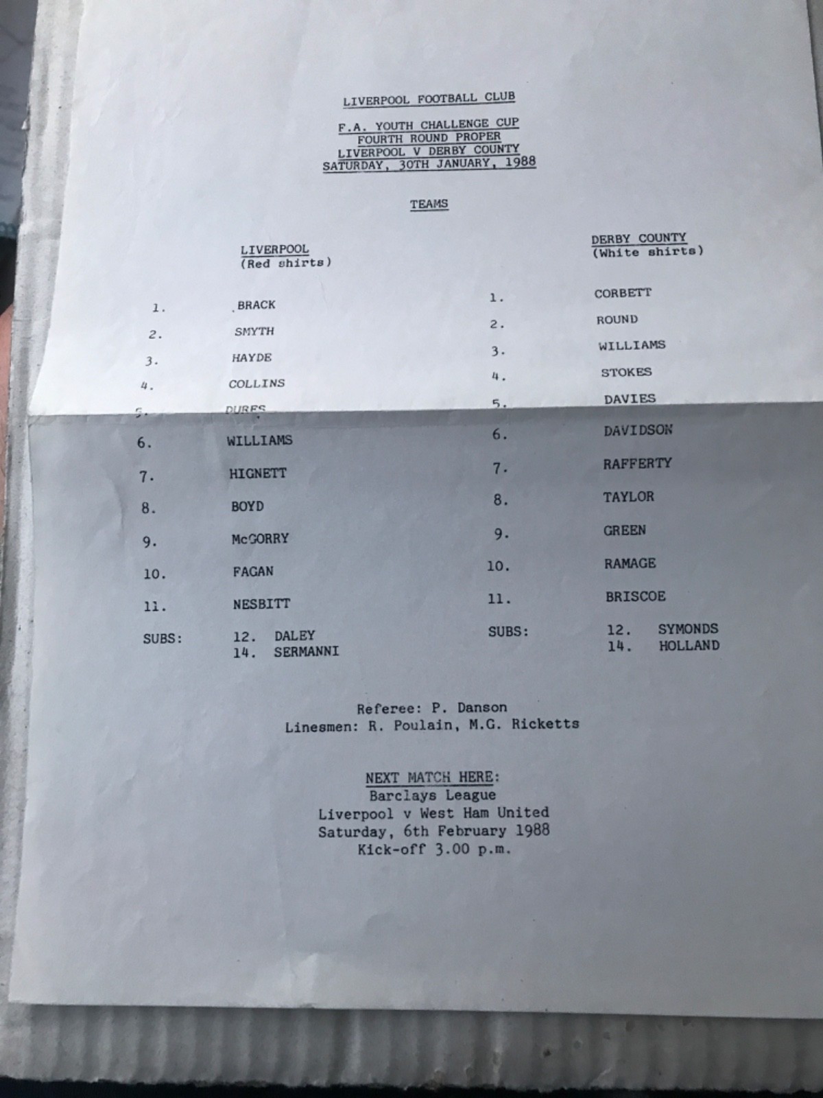 FA Youth Cup 4th Round 1988/89 Liverpool v Derby County for sale on Ebay