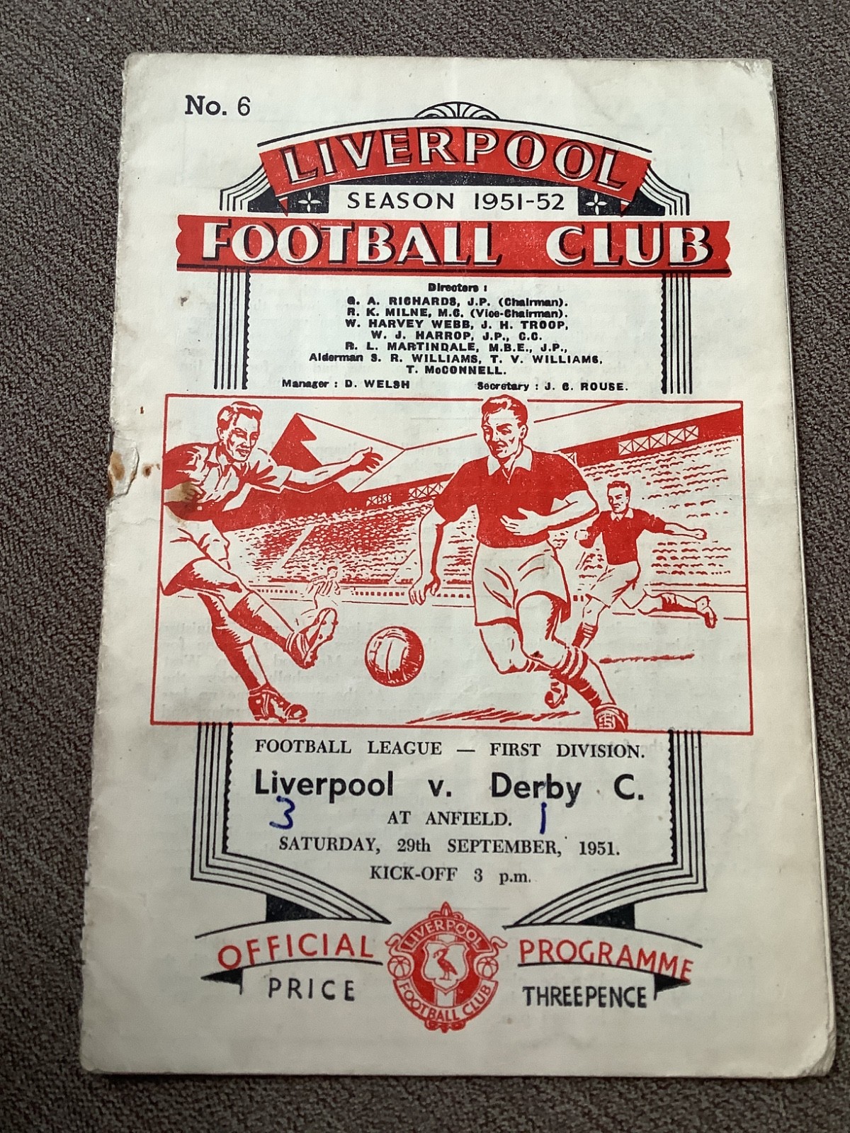 29 September 1951 Liverpool v Derby County for sale on Ebay