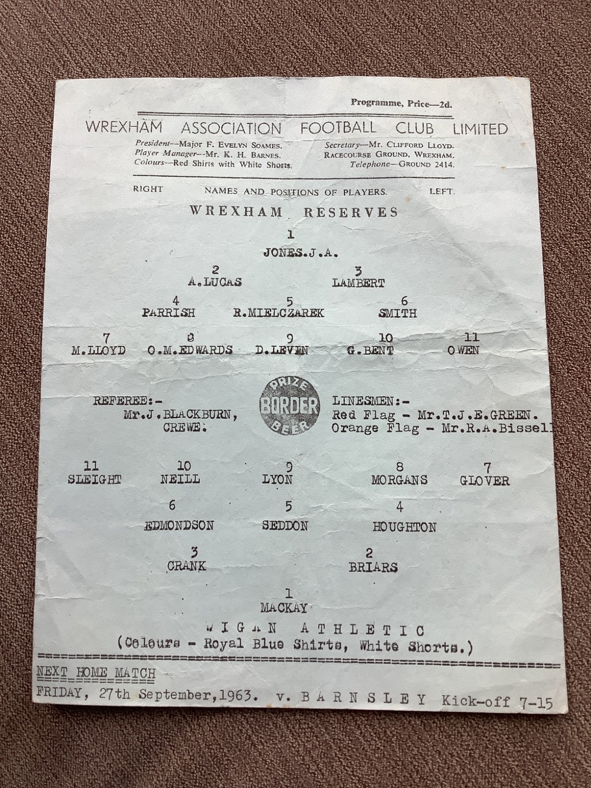 21 September 1963 Wrexham Reserves v Wigan Athletic single sheet for sale on Ebay