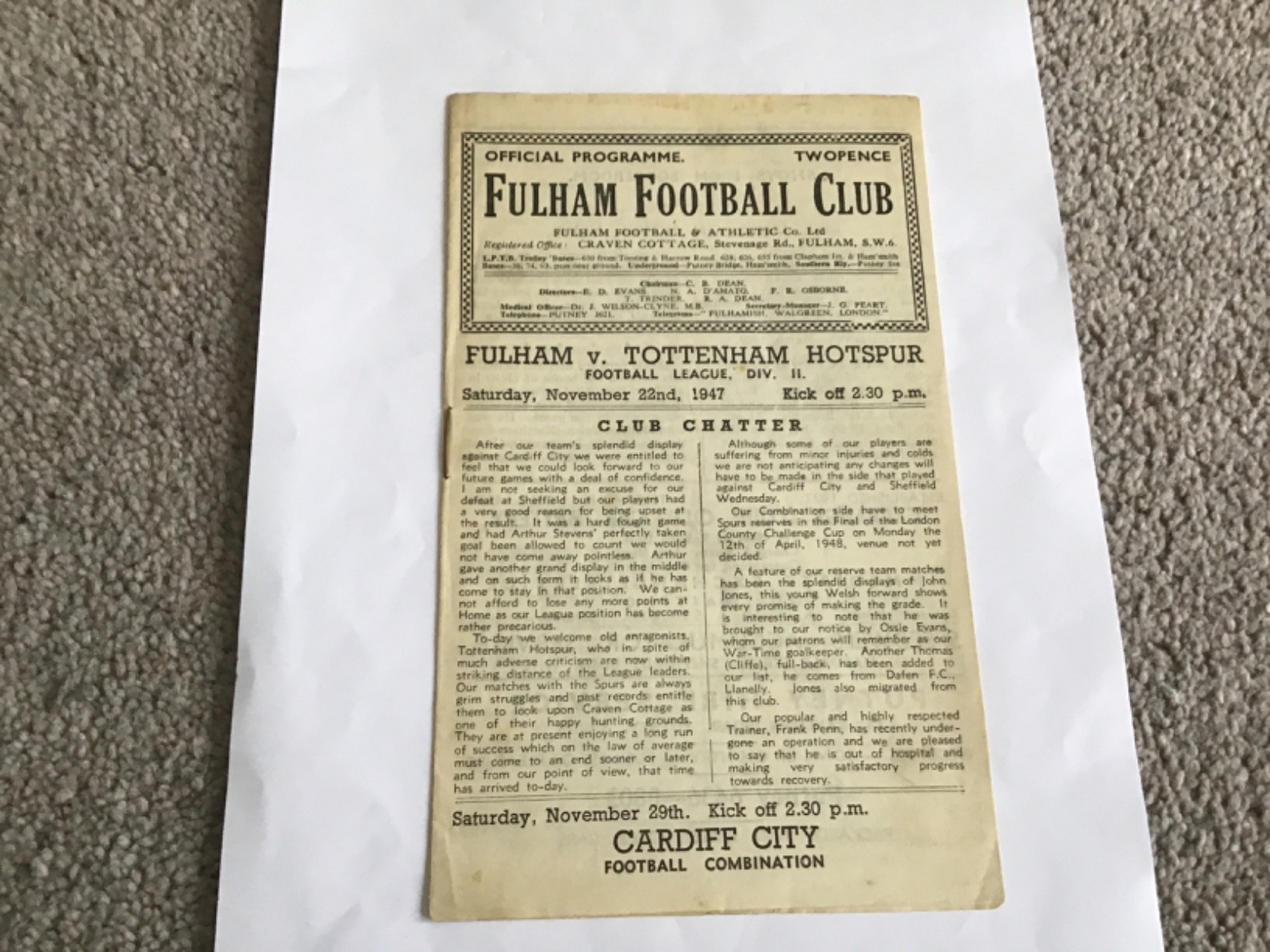 Fulham v Tottenham Hotspur Football Programme 22/11/1947. for sale on Ebay