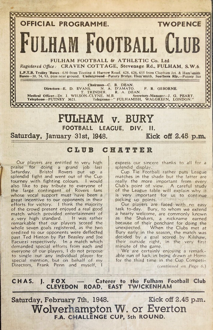 Fulham v Bury Div 2 1947/48 for sale on Ebay