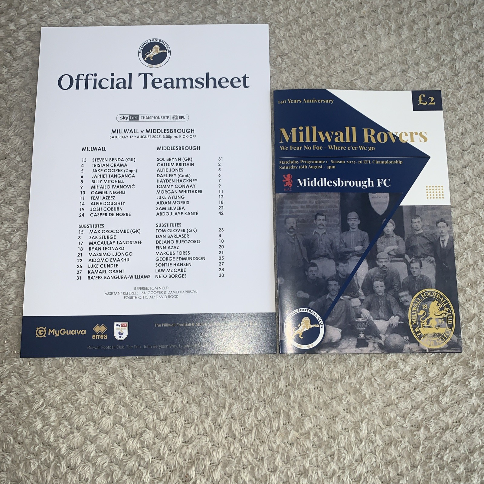 Millwall V Middlesbrough Home Programme & Team Sheet 16th August 2025 for sale on Ebay